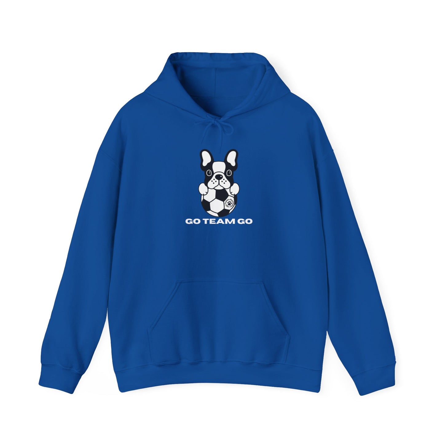 Teams Soccer Dog Adult Unisex Hoodie featuring a cartoon dog with a football, blue sweatshirt, kangaroo pocket, and color-matched drawstring for style and warmth.
