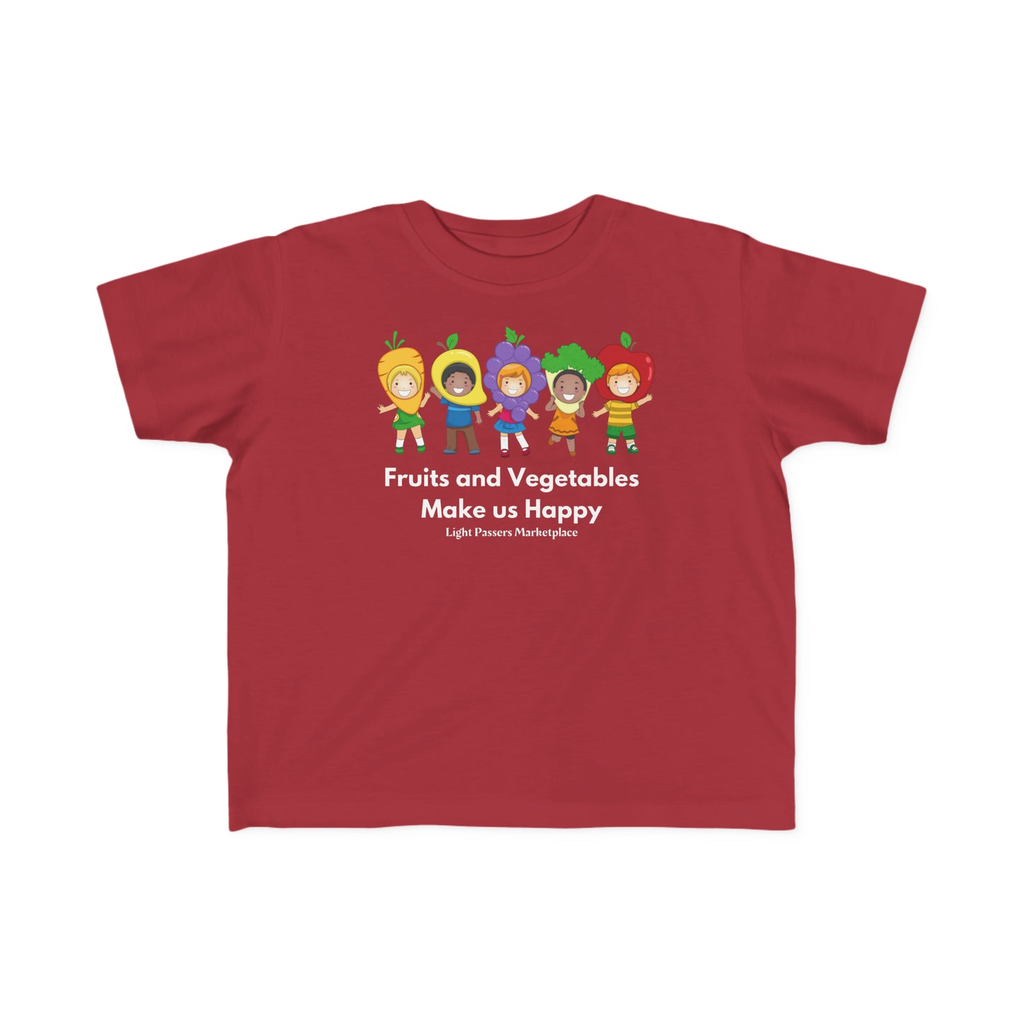 A red toddler t-shirt featuring cartoon characters in fruit and vegetable outfits. Made of 100% combed cotton, light fabric, with a durable print. Ideal for sensitive skin, offering a classic fit.