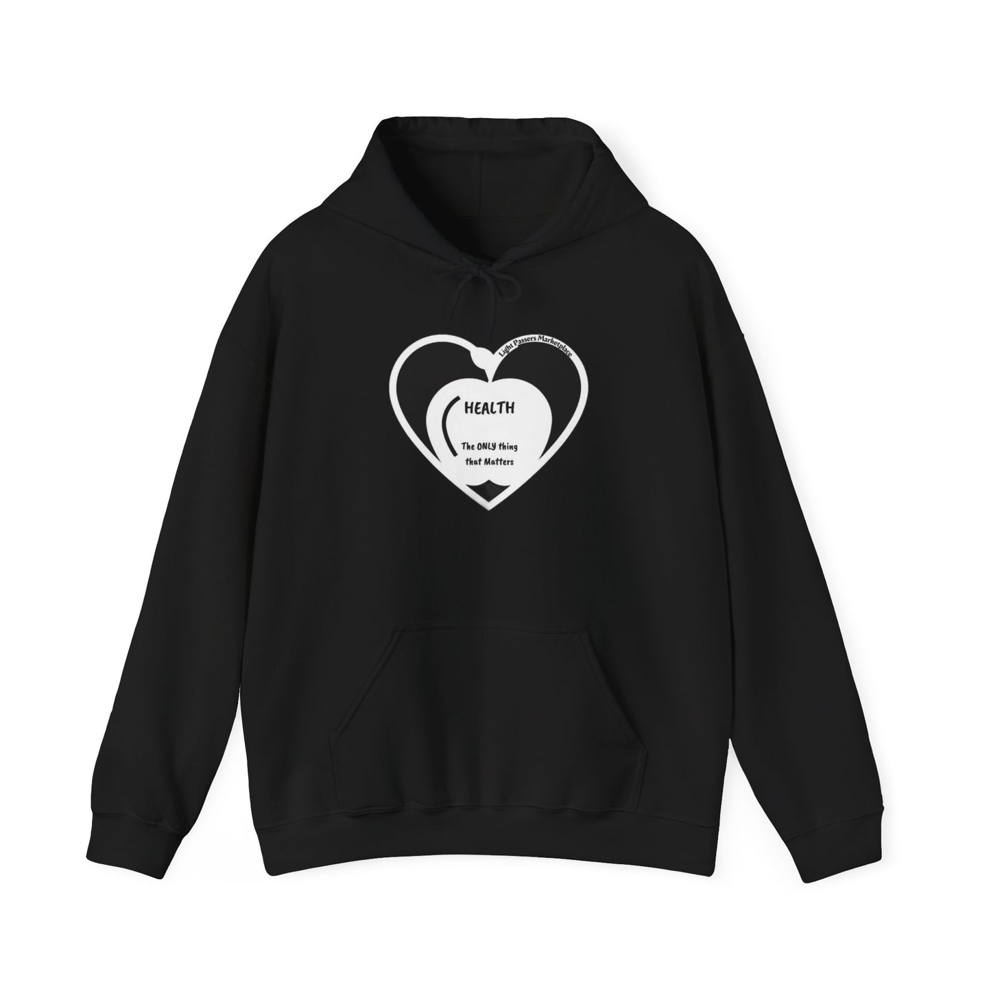 Health Happy Food Apple Adult Unisex Hoodie featuring a heart design on a black sweatshirt, with a kangaroo pocket and color-matched drawstring for style.
