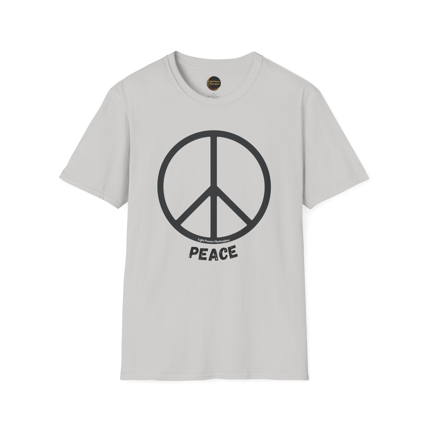 Love and Peace Black or White Peace Sign Adult Unisex T-Shirt featuring a peace symbol, ribbed collar, and durable twill-taped shoulders. Made from soft 100% ring-spun cotton.