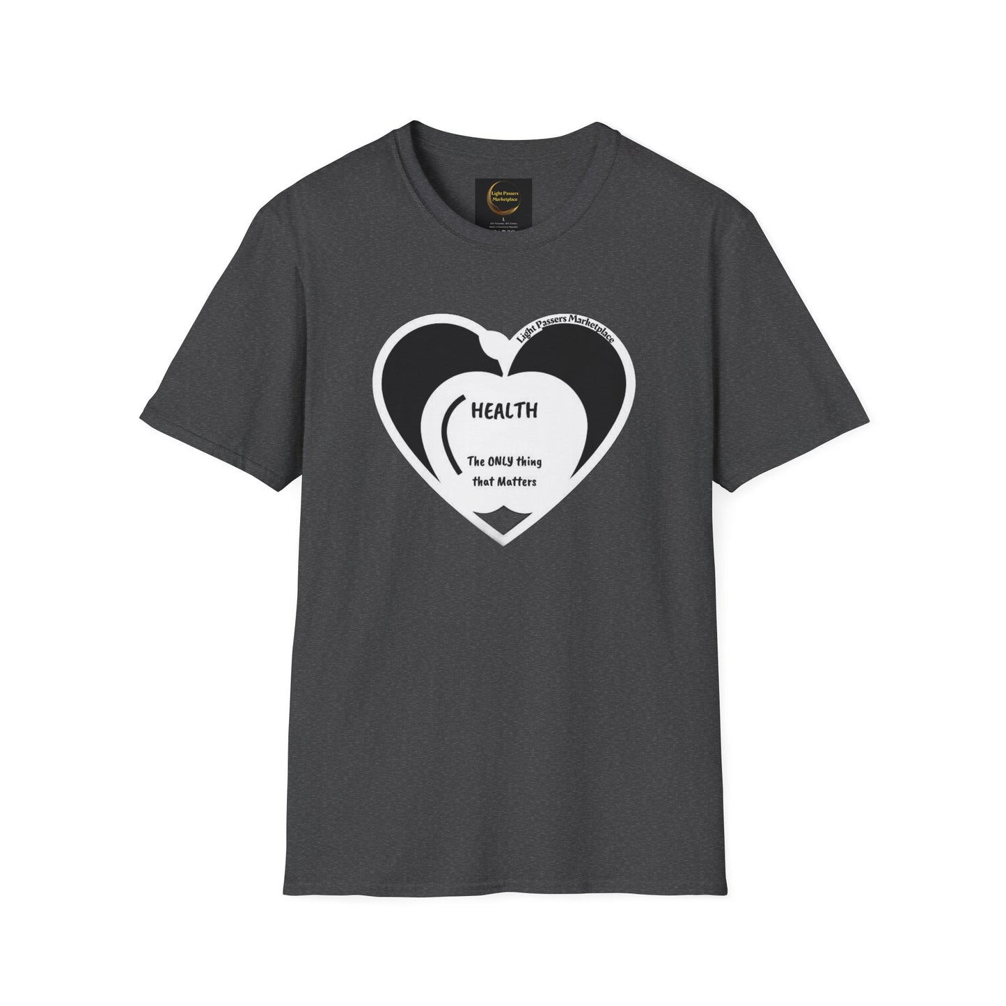 The Health Happy Food Apple Adult Unisex T-Shirt features a white heart design on soft, durable fabric, offering casual comfort and ethical production.