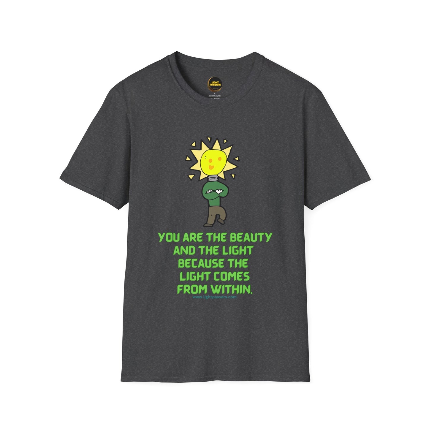 The Light Beauty and The Light Adult Unisex T-Shirt featuring a cartoon character with a light bulb and empowering text on a grey background.