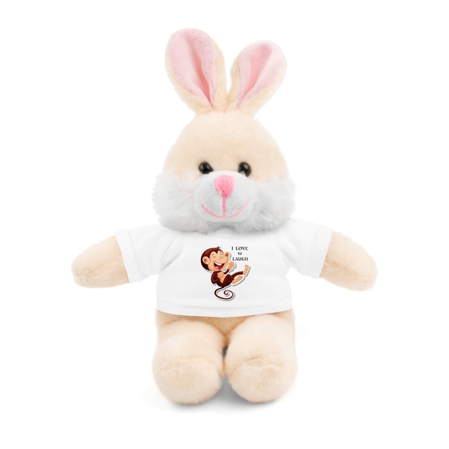 Cool Stuff Stuffies plush bunny toy with removable I Love to Laugh monkey t-shirt, ideal for snuggling or gifting to children ages 3+.