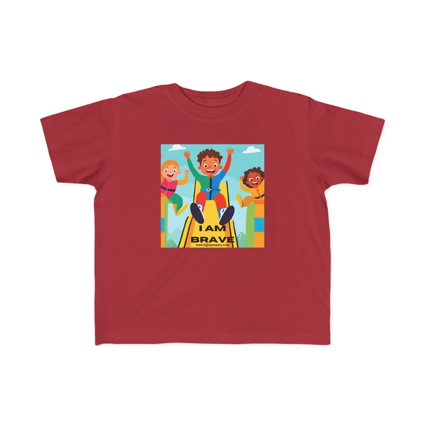 A red toddler t-shirt featuring cartoon characters of kids on a slide, a girl waving, a bear, and a boy with hands up. Made of soft, durable 100% combed cotton.