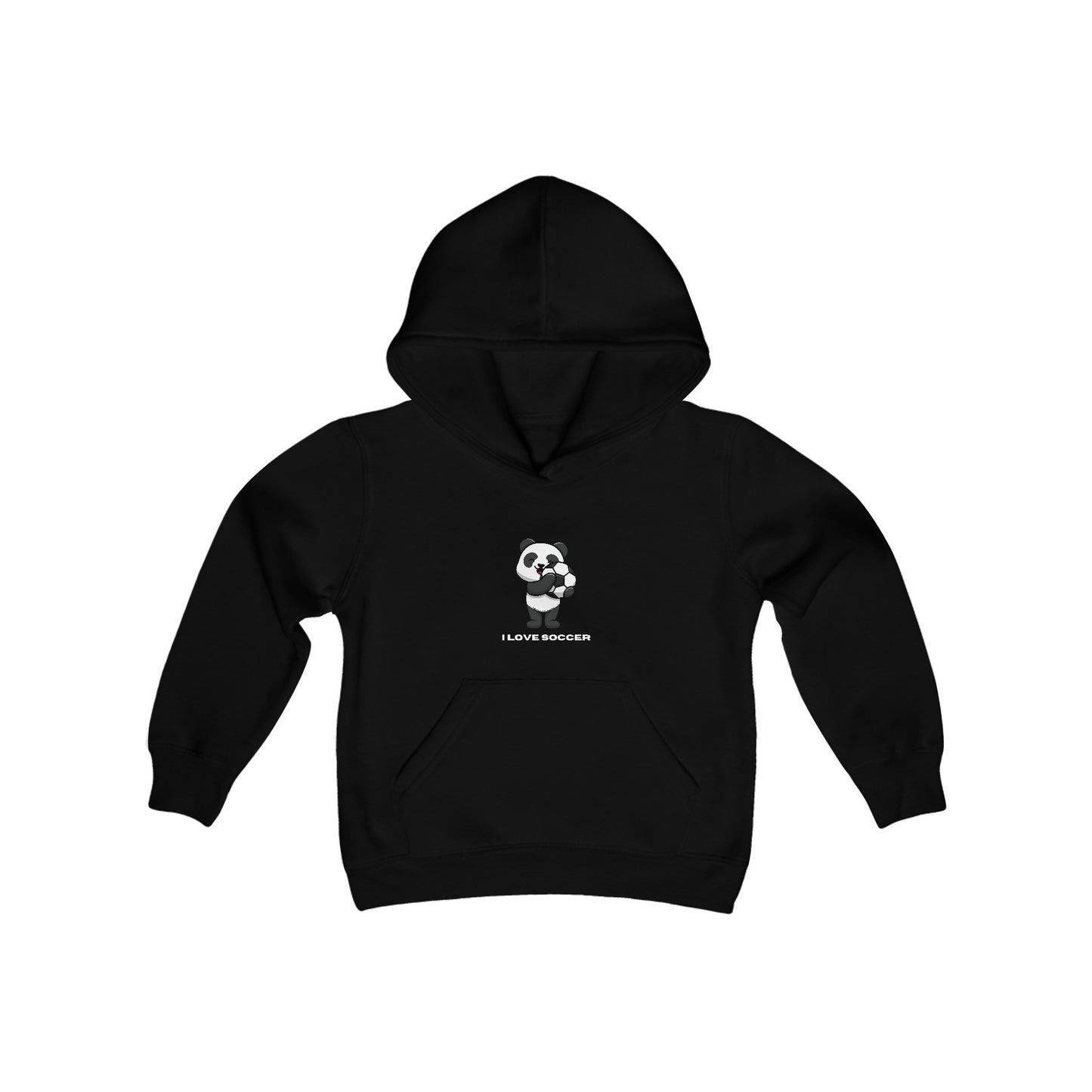 A youth blend hooded sweatshirt featuring a panda playing soccer, made of soft, preshrunk fleece (50% cotton, 50% polyester). Kangaroo pocket and reinforced neck.