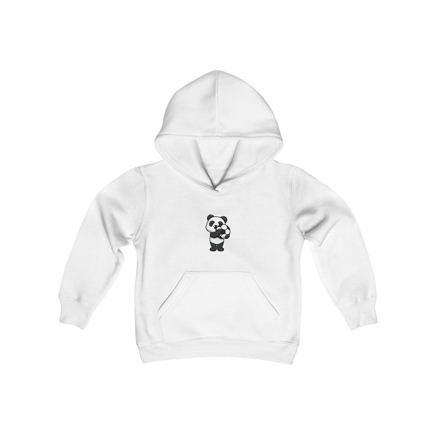Youth blend hooded sweatshirt featuring a panda playing soccer, kangaroo pocket, and twill-taped neck. 50% cotton, 50% polyester, soft fleece. Regular fit, sewn-in label, true to size.