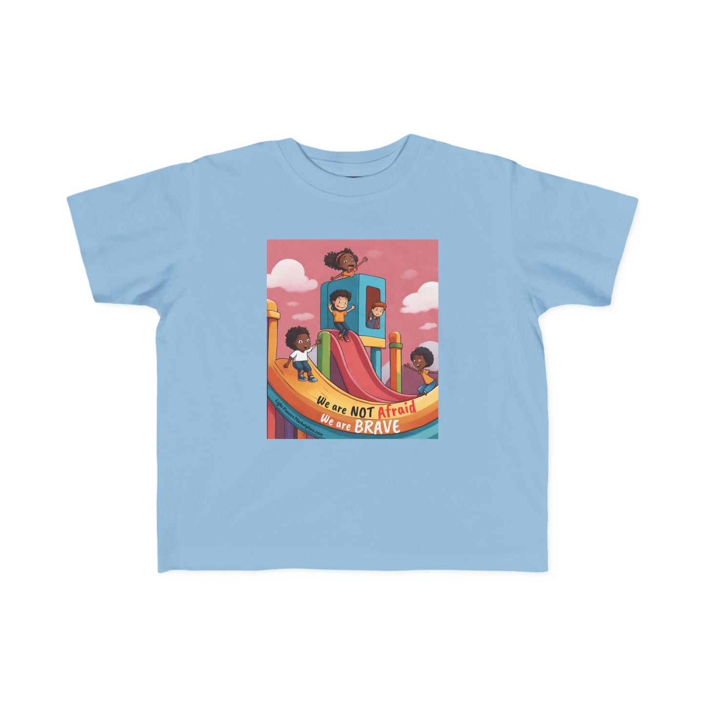 A blue tee featuring cartoon characters, ideal for sensitive toddler skin. Made of 100% combed cotton, light fabric, durable print, tear-away label, and a classic fit.