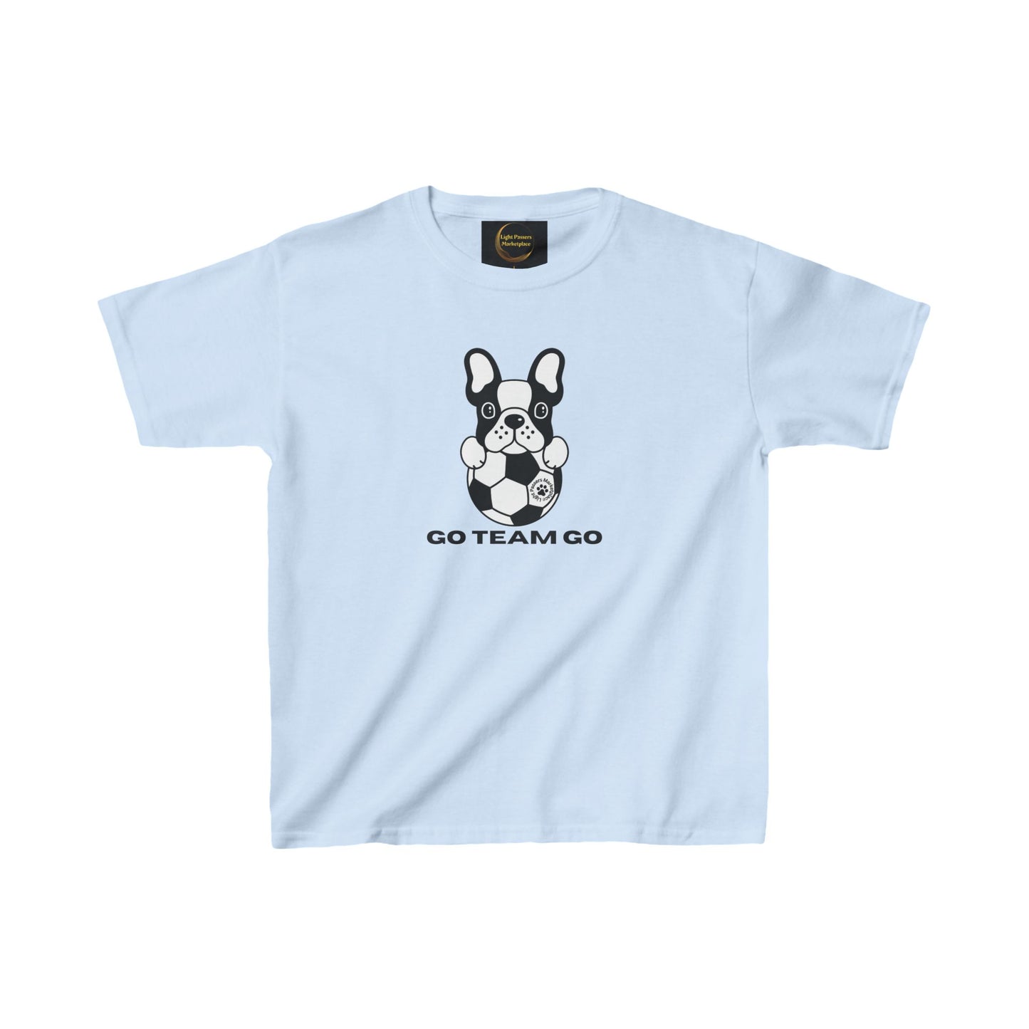 Teams Soccer Dog Go Team Go Youth T-shirt featuring a cartoon dog with a soccer ball. Ideal for young fans, crafted from soft US cotton for comfort.
