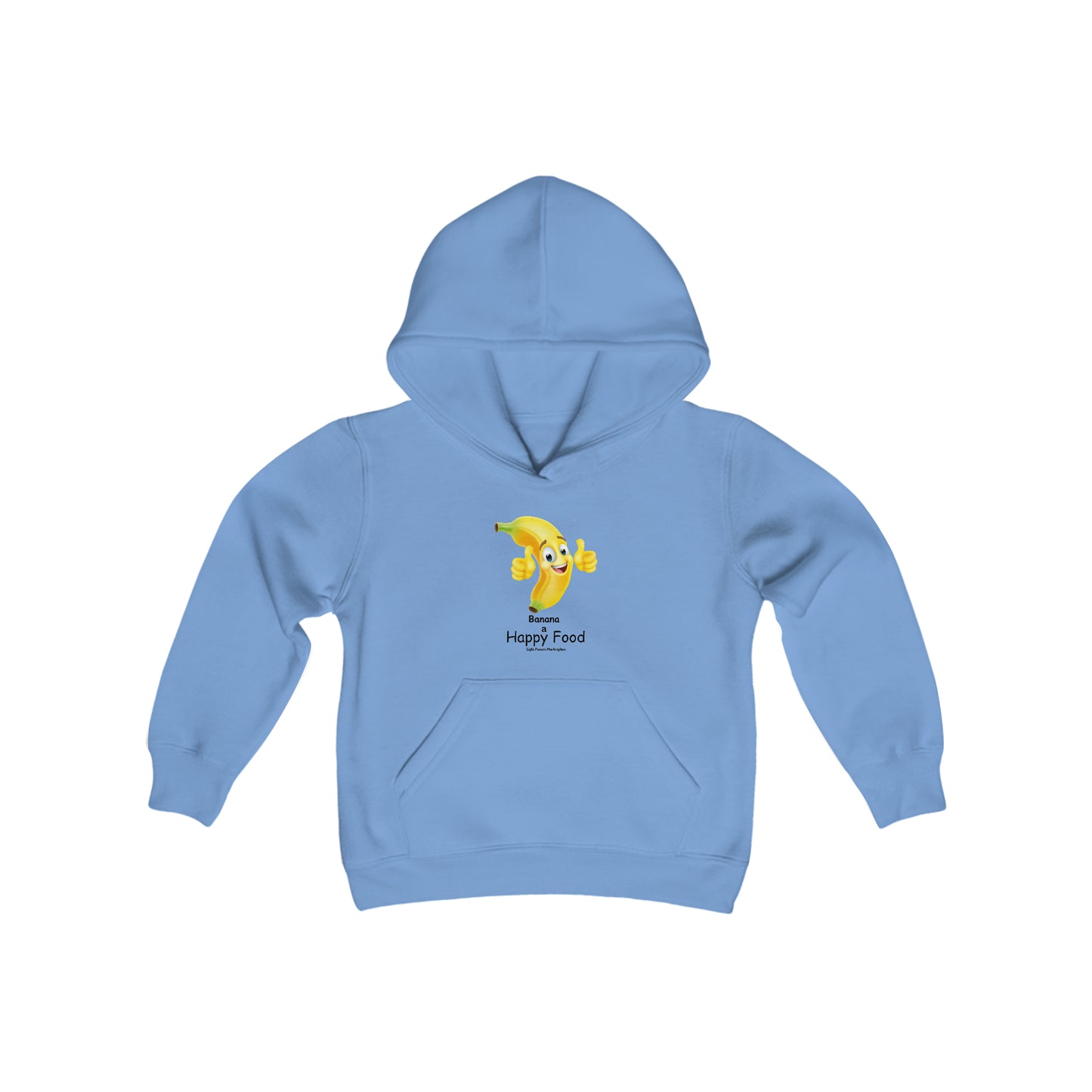 A youth blend hooded sweatshirt featuring a cartoon banana with a thumbs up, made of soft preshrunk fleece. Kangaroo pocket and twill taping for durability. Banana Happy Food Youth Hooded Sweatshirt.