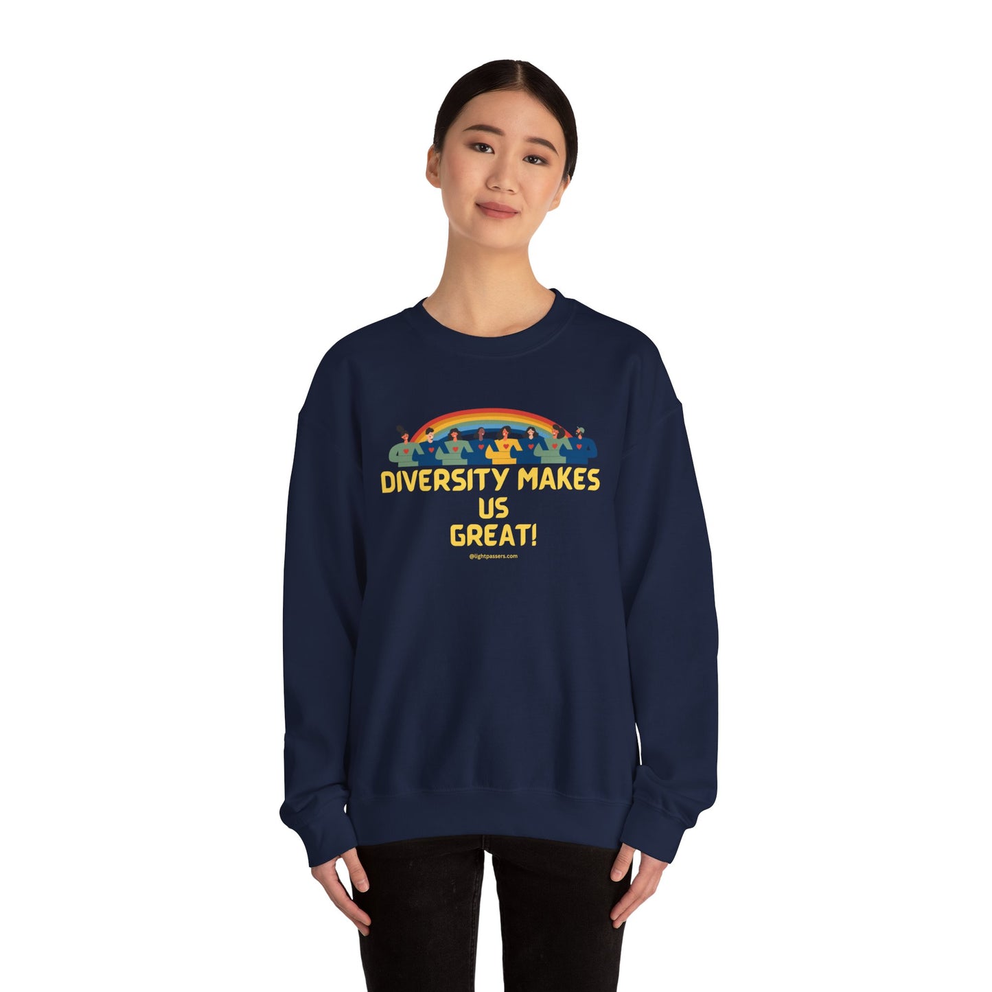 A person in a blue sweatshirt with rainbow and text, showcasing the Diversity Makes Us Great Unisex Crewneck Sweatshirt's cozy blend of 50% cotton and 50% polyester. Comfortable, durable, and ethically made.