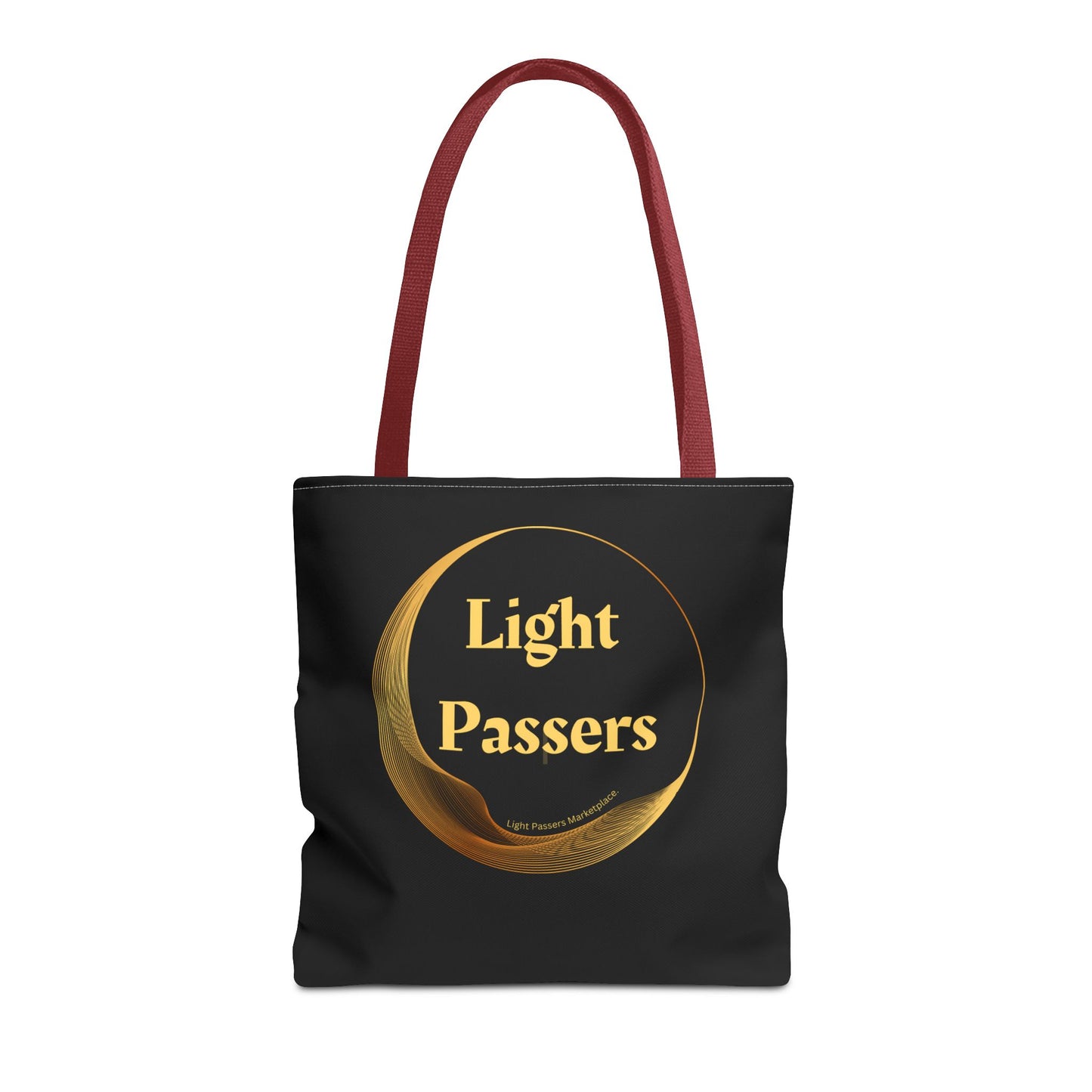 Cool Stuff Accessories Light Passers Gold Logo Tote Bag with red strap and durable polyester, available in three sizes with multiple handle colors.