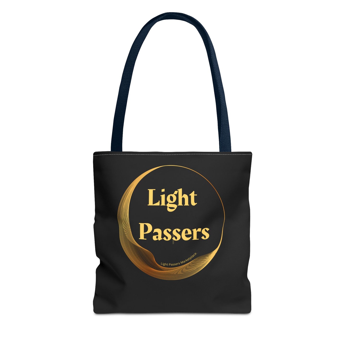 Cool Stuff Accessories Light Passers Gold Logo Tote Bag, featuring a black design with gold text, durable polyester fabric, and cotton webbing straps. Available in three sizes.