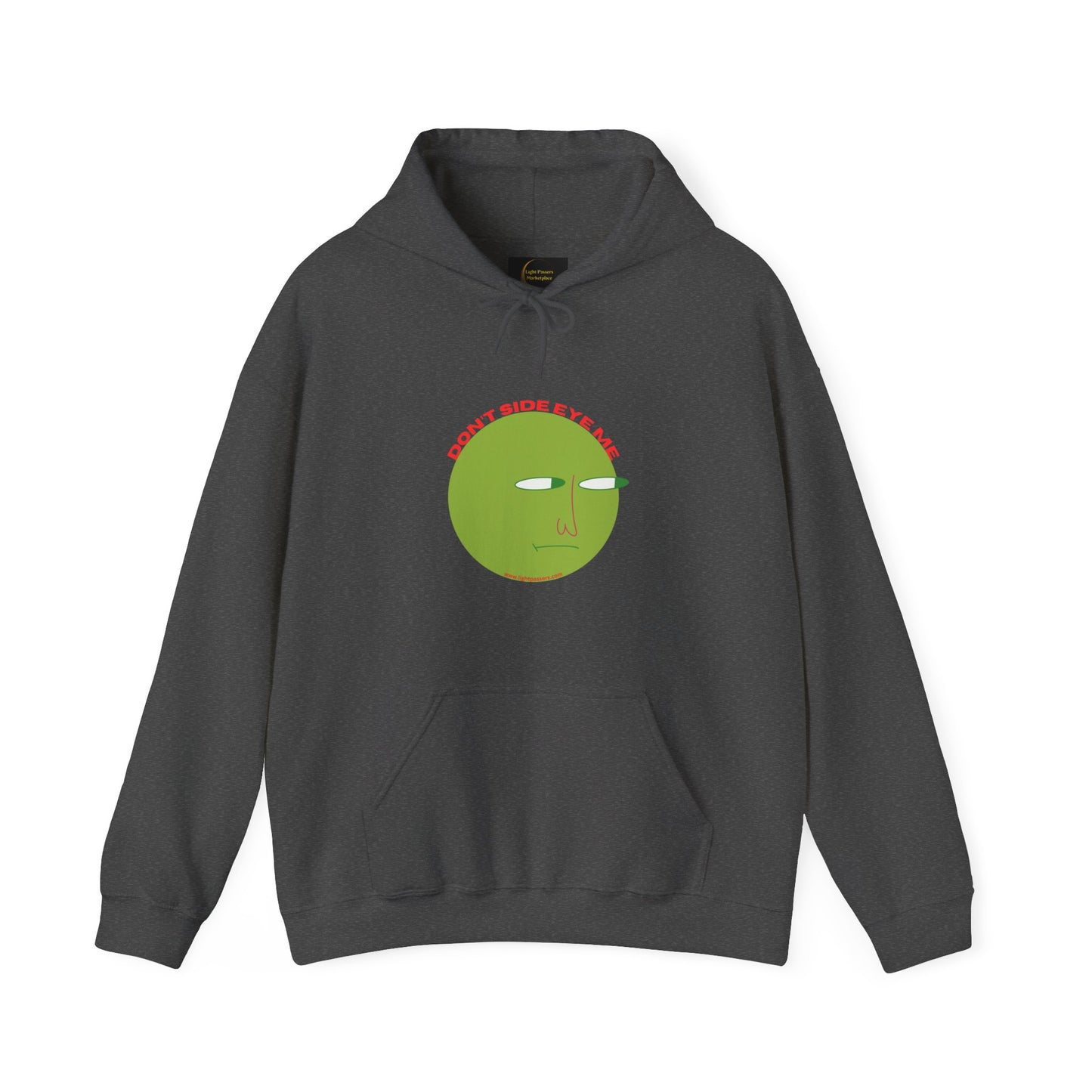 A grey hooded sweatshirt featuring a green face design, with a kangaroo pocket and color-matched drawstring. Made of 50% cotton and 50% polyester for warmth and comfort.