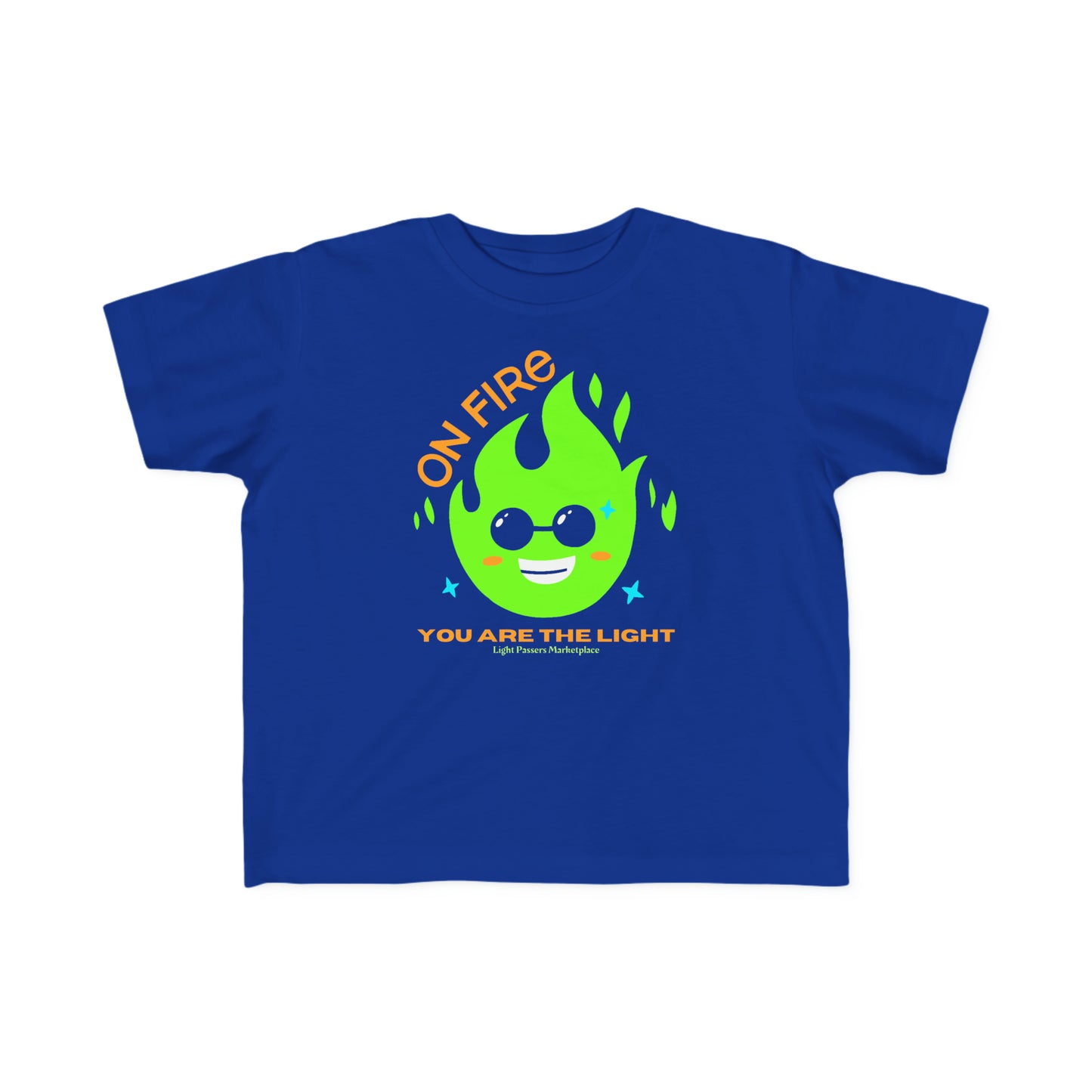 A toddler's tee featuring a cartoon fire and text design, made of soft, durable combed cotton. Light fabric, tear-away label, classic fit, ideal for little adventurers.
