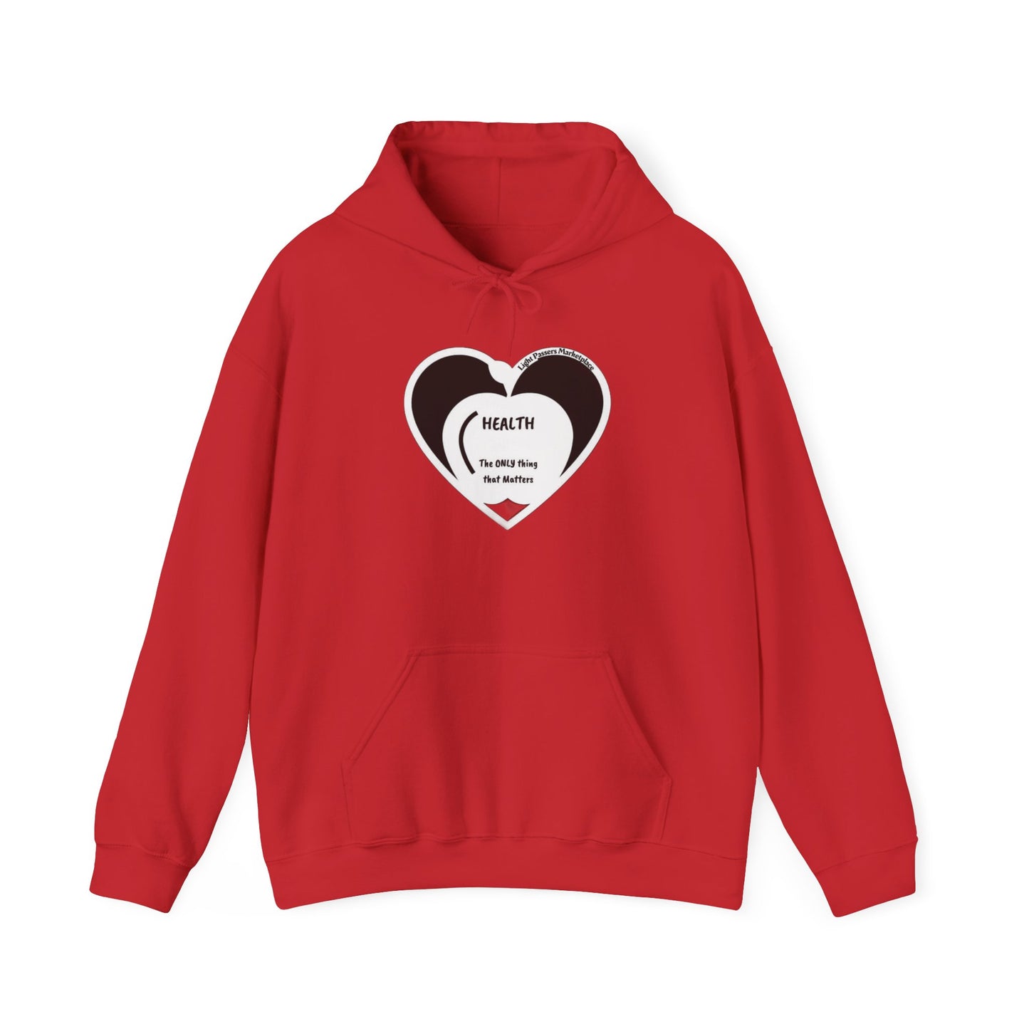 Health Happy Food Apple Adult Unisex Hoodie featuring a heart design, kangaroo pocket, and color-matched drawstring, ideal for warmth and comfort.