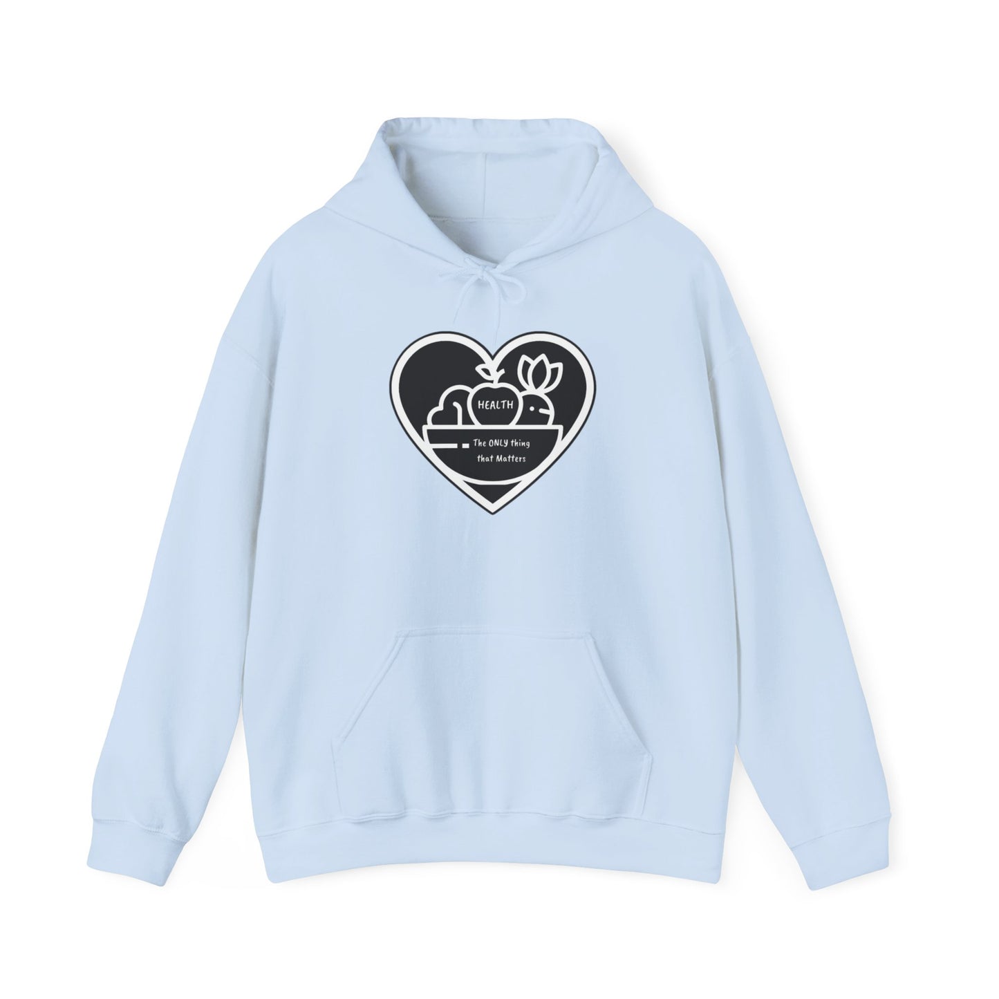 Health Happy Foods Fruit Basket Adult Unisex Hoodie featuring a heart and black heart design, spacious kangaroo pocket, and color-matched drawstring for style and comfort.
