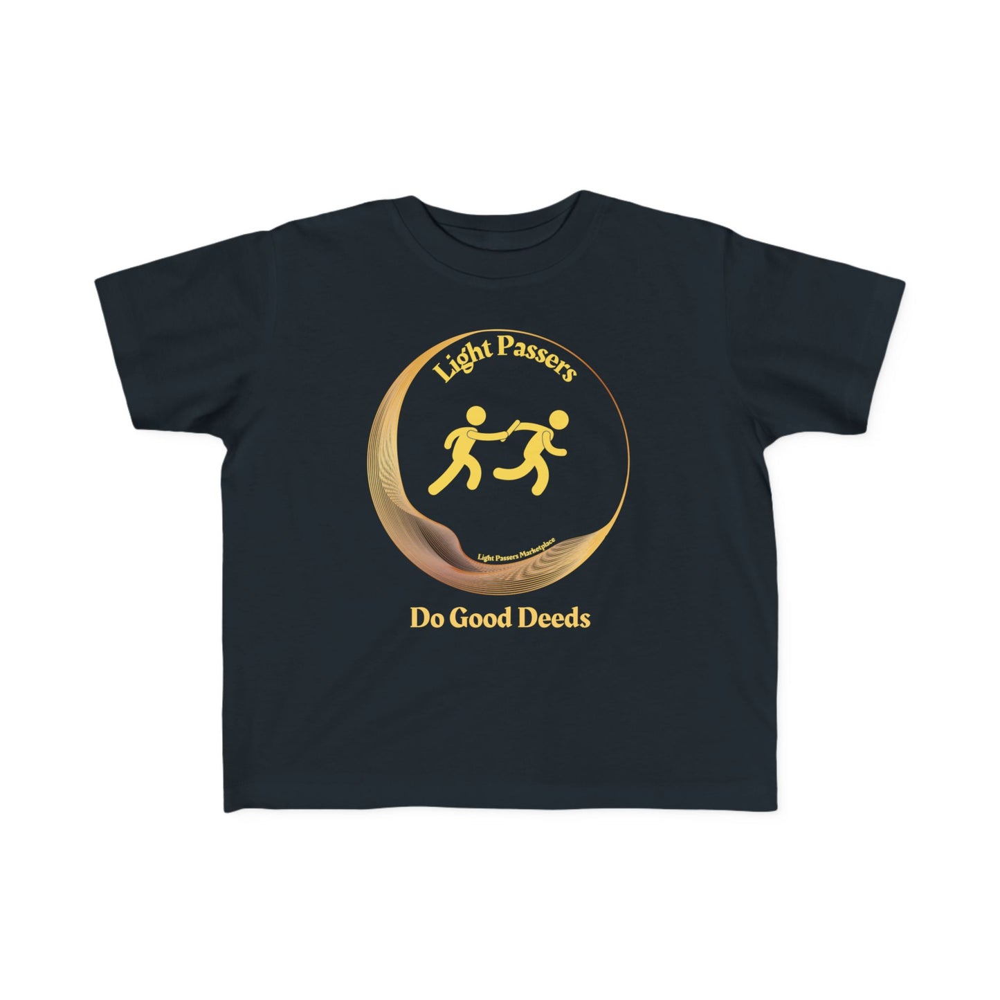 Toddler's Tee - 'Do Good Deeds' Light Passers Relay Design, featuring yellow stick figures running, promoting positivity, on a comfortable, lightweight black t-shirt.