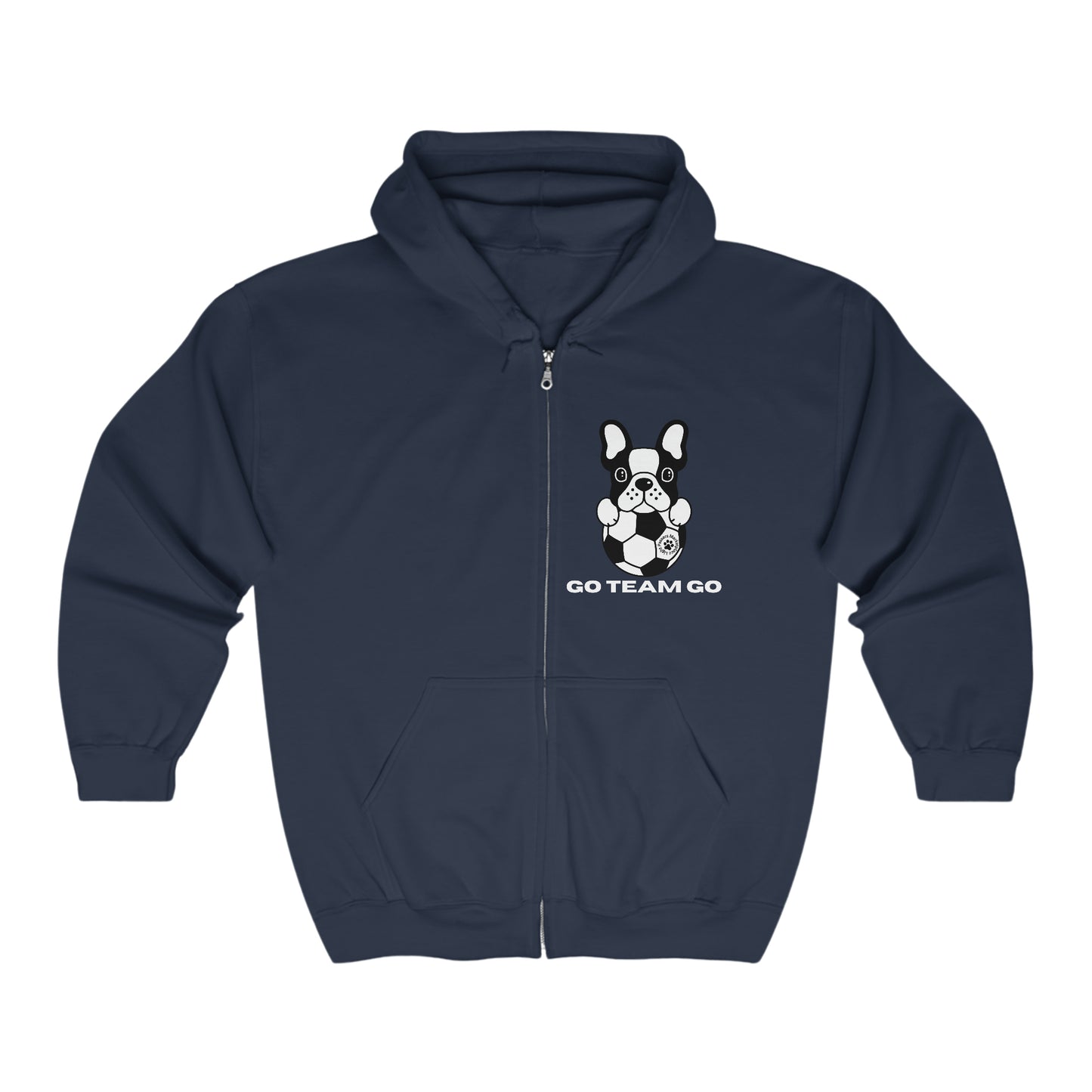 A blue zip-up hoodie featuring a dog and football logo. Soft fleece blend, classic fit, sewn-in label, 50% cotton, 50% polyester. Soccer Dog Unisex Full Zip Hooded Sweatshirt.