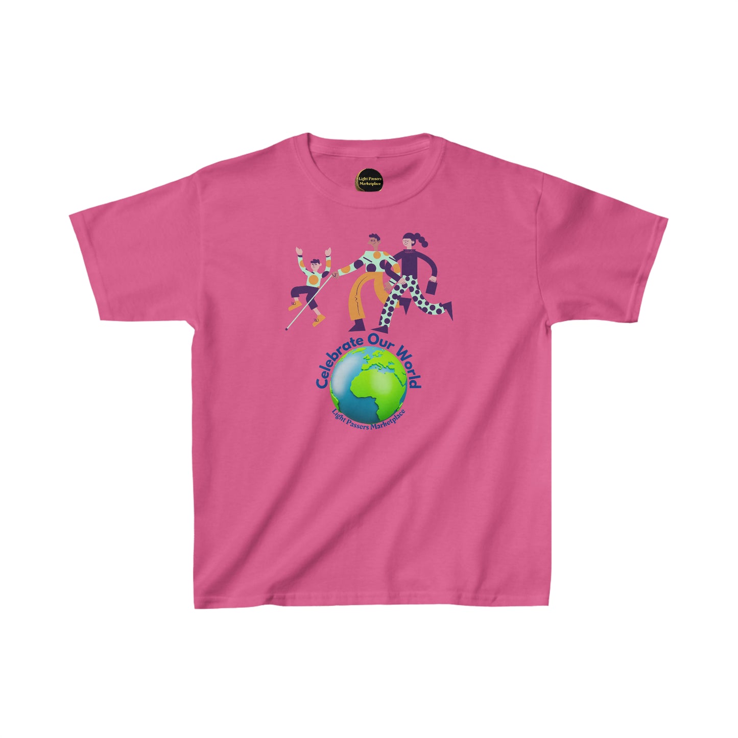A pink youth t-shirt featuring a group of people dancing, made of 100% cotton with twill tape shoulders for durability and a curl-resistant collar. Ethically crafted with US cotton.