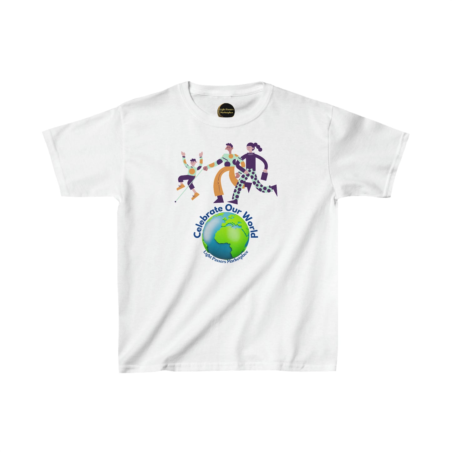A white youth t-shirt featuring a vibrant graphic of people dancing and a globe. Made of 100% cotton with twill tape shoulders for durability and ribbed collar for curl resistance. Ethically sourced and Oeko-Tex certified.