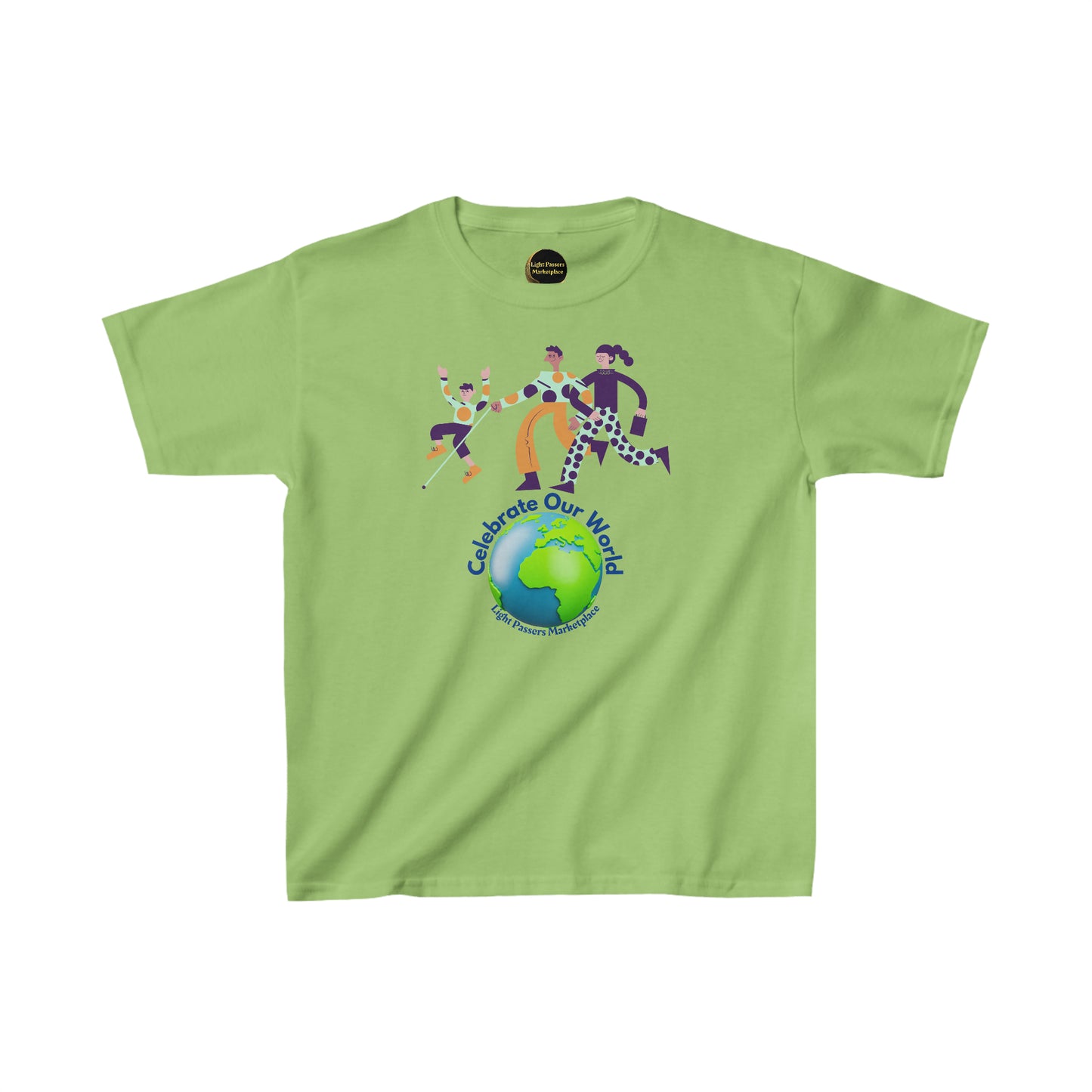 A green youth t-shirt featuring people dancing and a globe design. Made of 100% cotton with twill tape shoulders for durability and a curl-resistant collar. Ethically sourced and Oeko-Tex certified for safety.