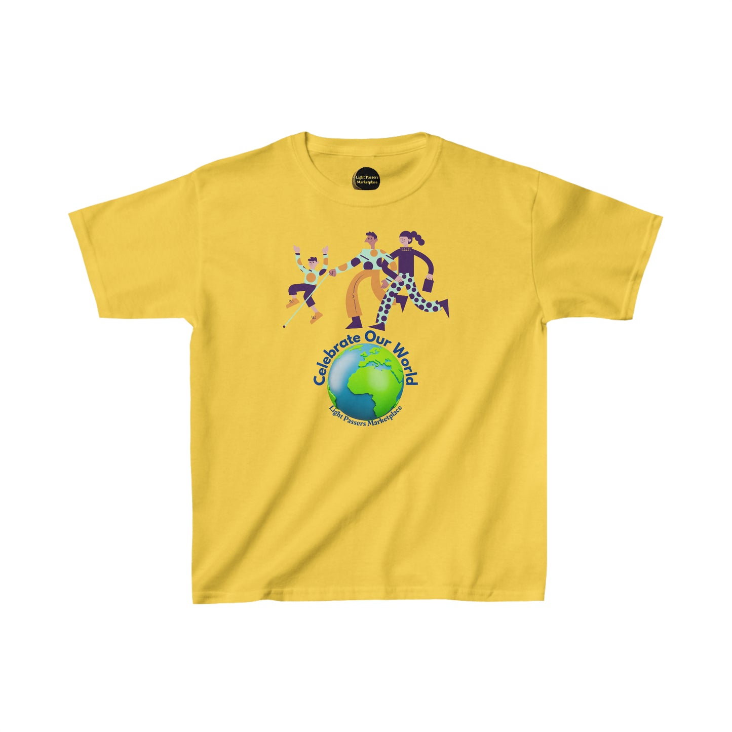 Youth t-shirt featuring a group of people dancing and a globe graphic. Made of 100% cotton with twill tape shoulders for durability. Curl-resistant collar, no side seams, and tear-away labels for comfort.