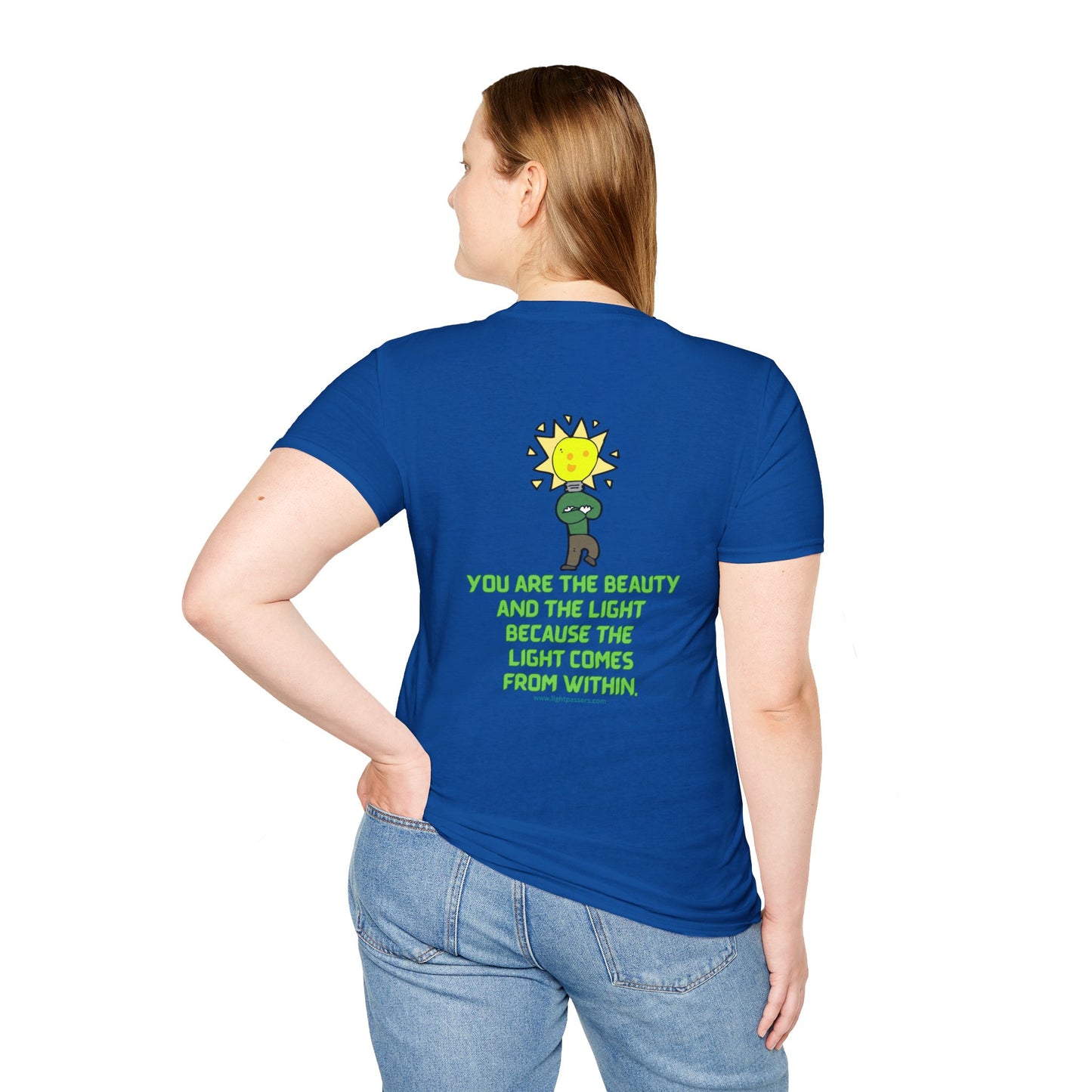 Unisex tee with smooth surface for vivid printing. No side seams for comfort. Tape on shoulders for durability. Title: Beauty and the Light Unisex T-shirt BACK.