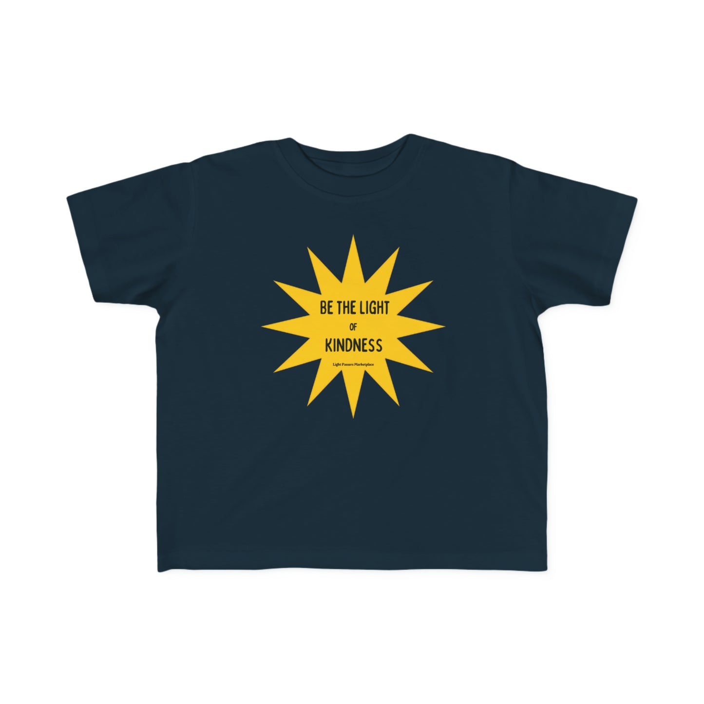 A toddler's tee featuring a yellow star with black text, symbolizing kindness. Made of soft, durable cotton with a high-quality print. Perfect for little adventurers.