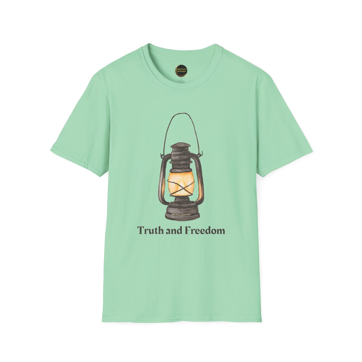 The Light 'Truth and Freedom' Lantern Adult Unisex T-shirt with vintage lantern design, featuring a meaningful message, ideal for casual or special occasions.
