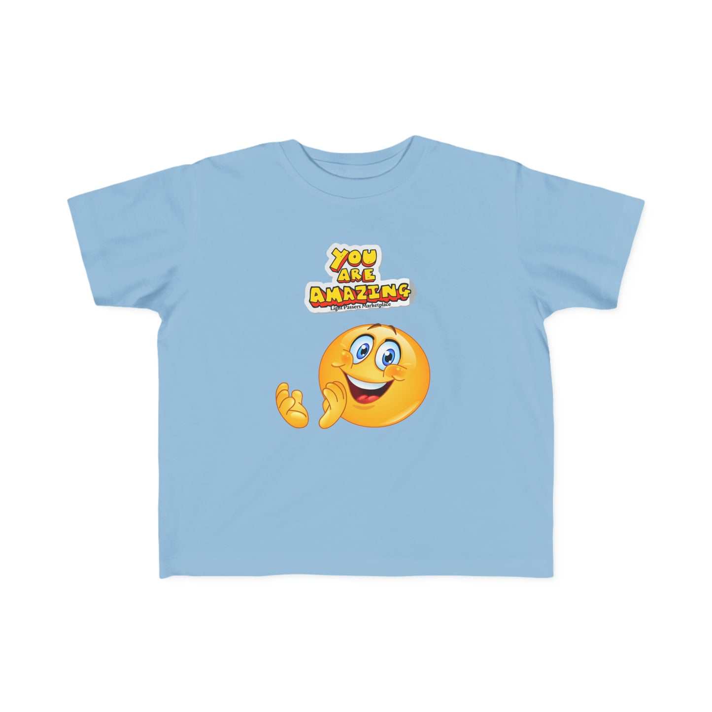 Toddler t-shirt with a smiley face cartoon print. Soft 100% combed cotton, light fabric, tear-away label, classic fit, ideal for sensitive skin. You are Amazing Toddler T-shirt.
