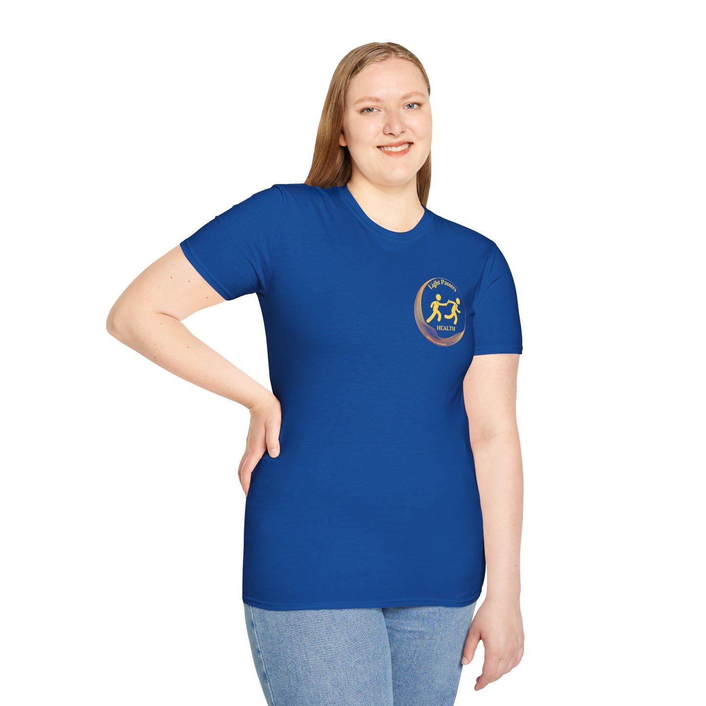 A woman in a blue shirt smiles, showcasing Light Passers Relay Health small Logo Unisex T-Shirt. Soft 100% cotton tee with twill tape shoulders, ribbed collar, and tear-away label for ultimate comfort.