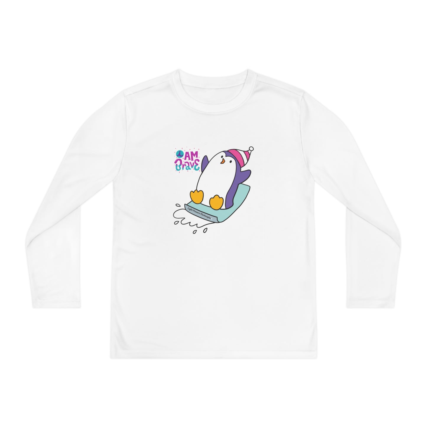 Youth Long Sleeve Brave Penguin Design for Kids featuring a cartoon penguin on a sled, crafted from moisture-wicking polyester, ideal for active fall activities.