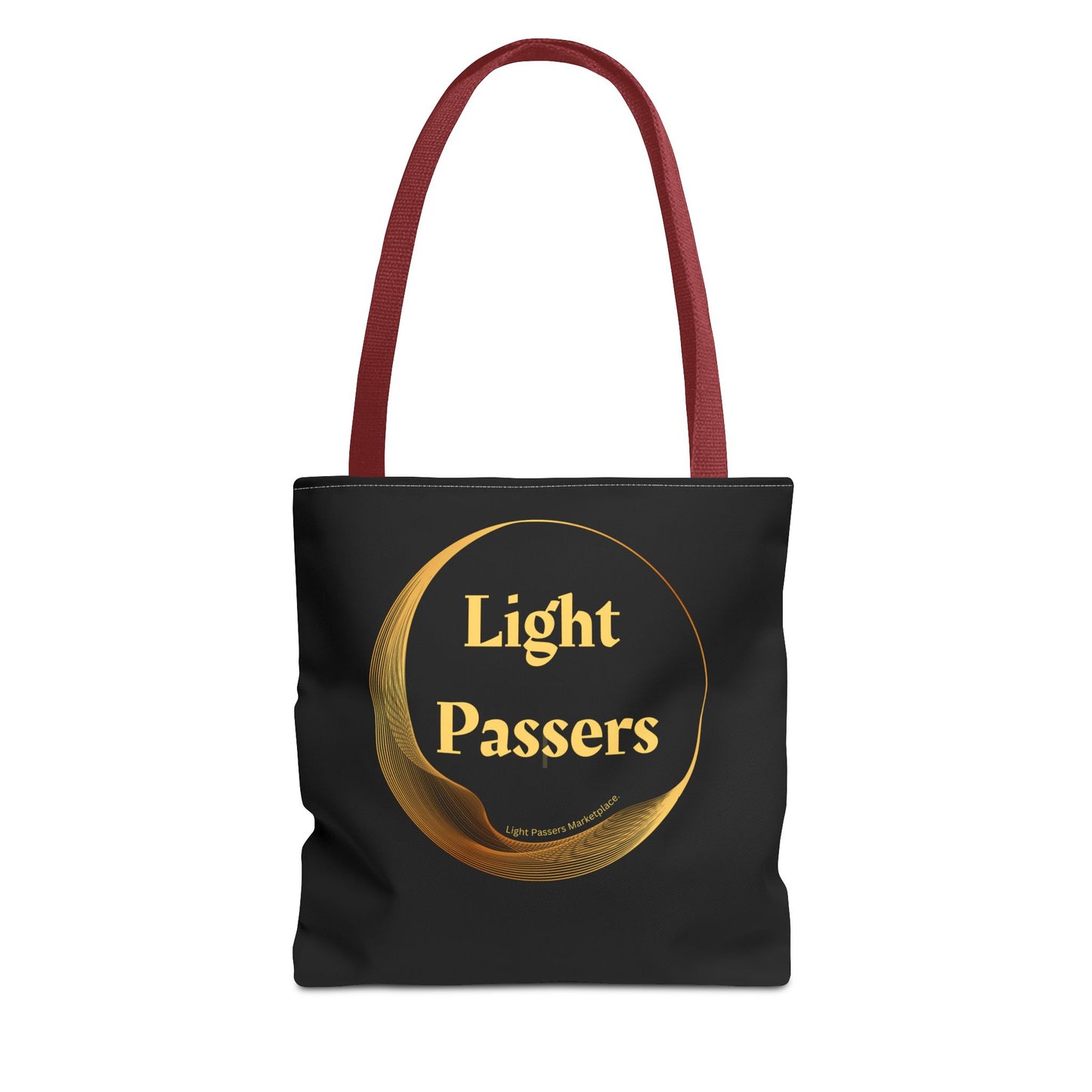 Cool Stuff Accessories Light Passers Gold Logo Tote Bag, black with gold logo, red strap, durable polyester, available in three sizes with multiple handle colors.