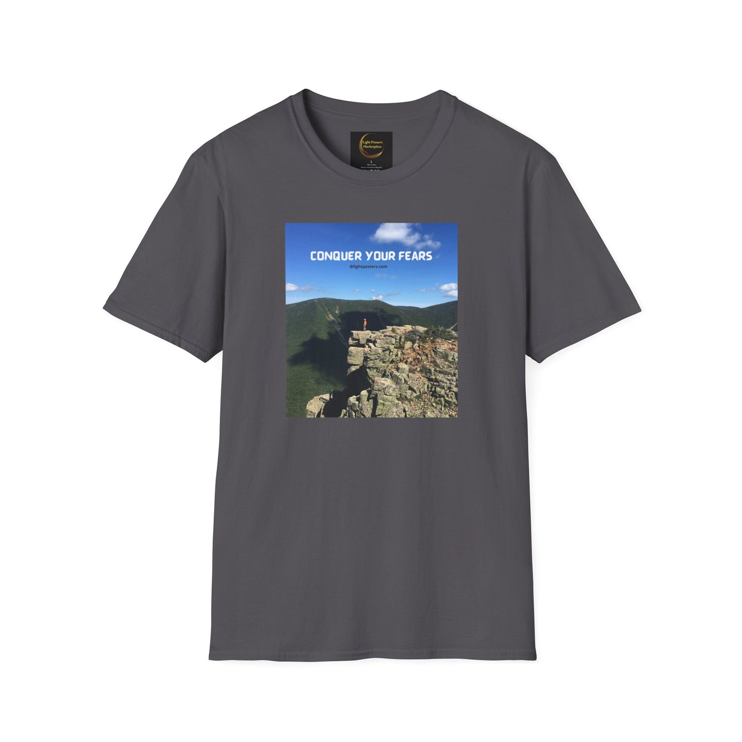 A grey t-shirt featuring a mountain design, ideal for outdoor enthusiasts. Unisex heavy cotton tee with smooth surface for vivid prints, no side seams, and tape on shoulders for durability.