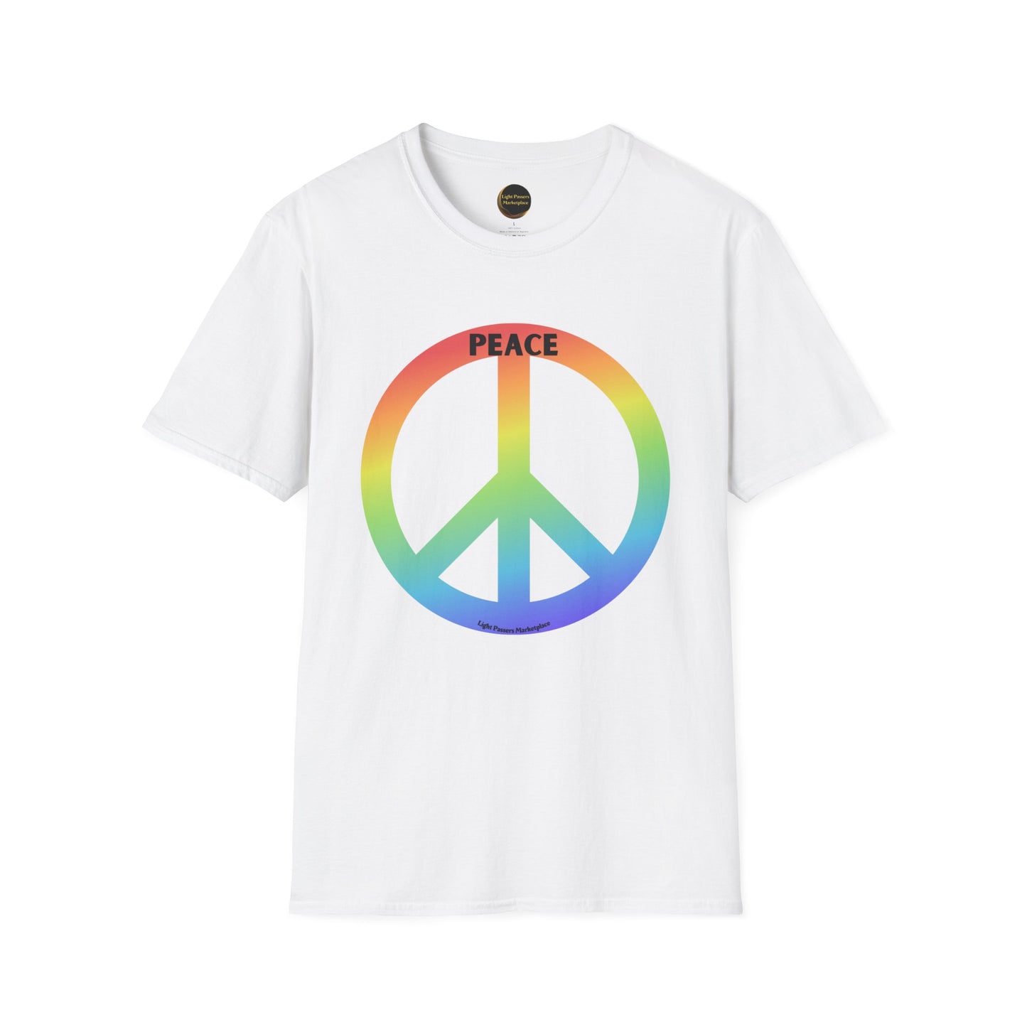A white t-shirt featuring a rainbow peace sign symbol, made of soft 100% cotton with twill tape shoulders and no side seams for enhanced durability and comfort.
