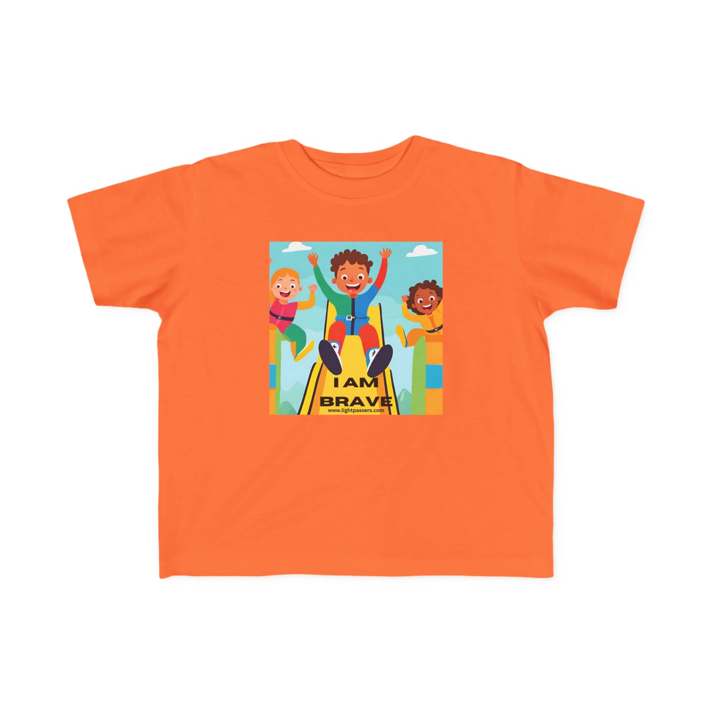 A toddler t-shirt featuring a cartoon of a brave child on a slide. Made of soft, 100% combed cotton with a durable print, perfect for sensitive skin.
