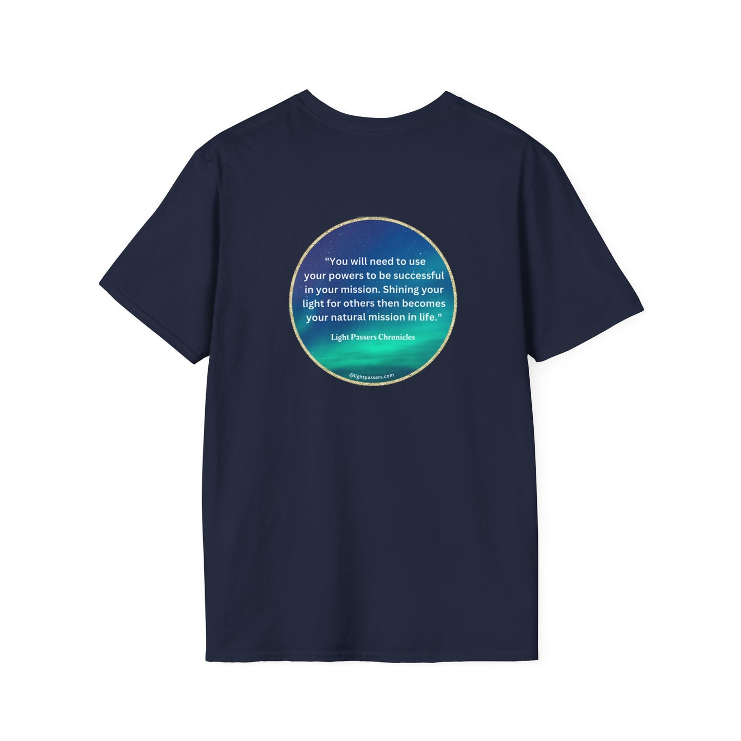 Back of a blue shirt with Light Passers logo on the front. Unisex T-shirt with smooth surface for vivid printing, no side seams, and tape on shoulders for durability.