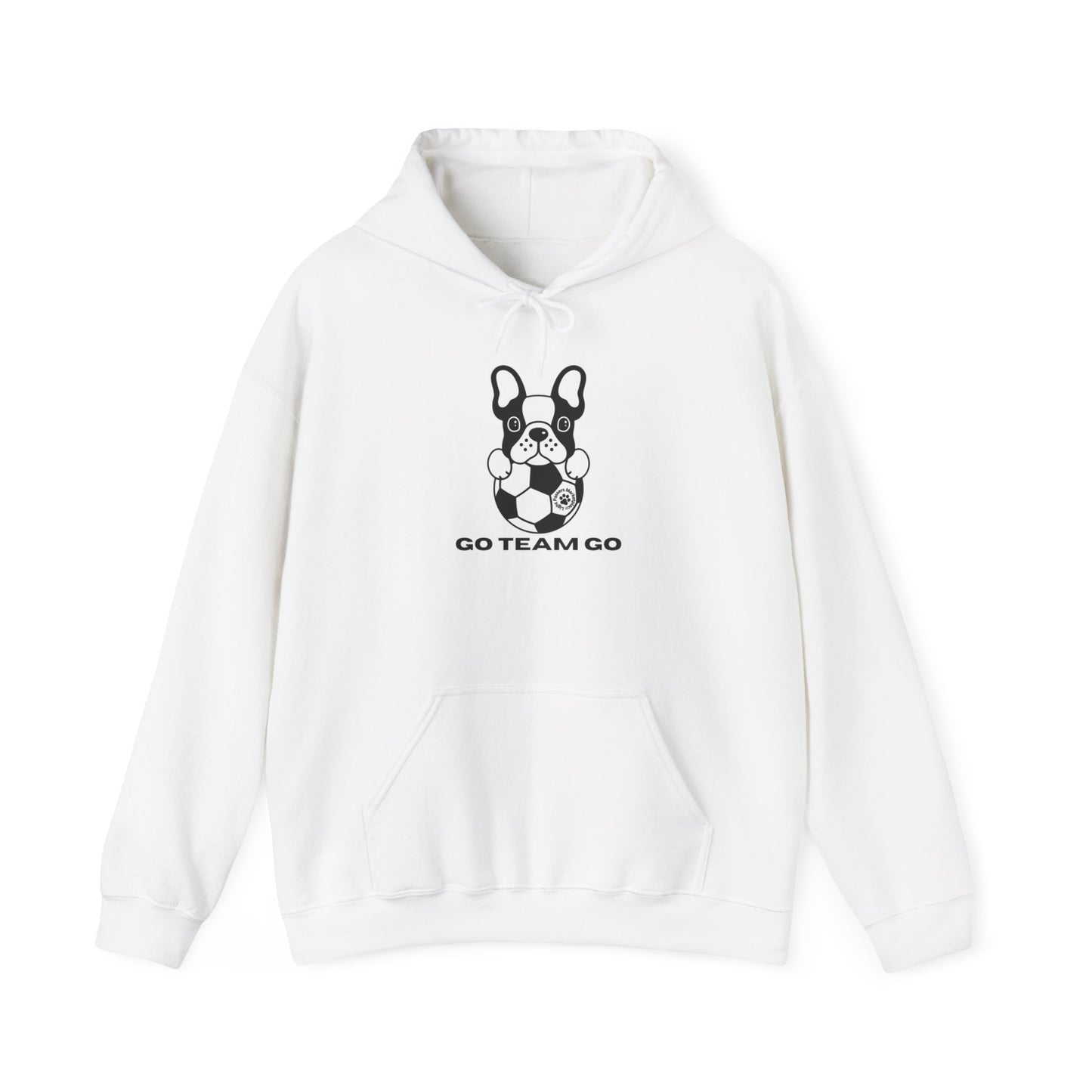 Teams Soccer Dog Adult Unisex Hoodie featuring a black and white dog with a football graphic on a white sweatshirt, with a kangaroo pocket and drawstring hood.