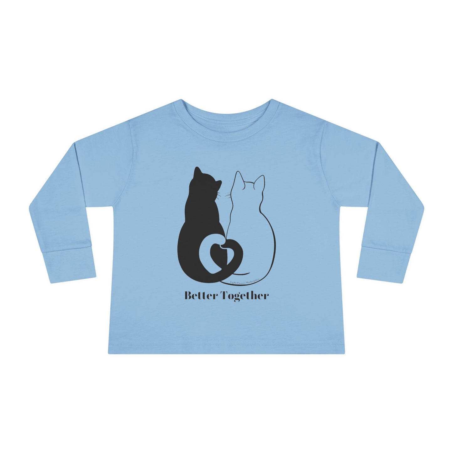 Better Together Cat Love Tails Toddler Long Sleeve featuring playful cat illustrations, crafted from soft, durable cotton with ribbed collar and EasyTear™ label for comfort.