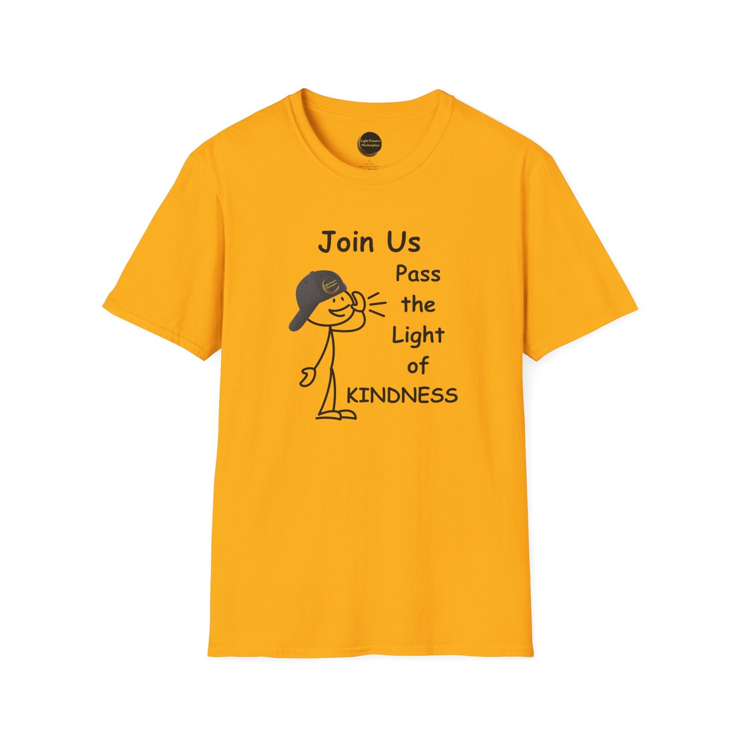 A yellow unisex t-shirt featuring a cartoon character with a hat, made of soft 100% ring-spun cotton. Classic fit, crew neckline, tear-away label, ethically sourced US cotton.
