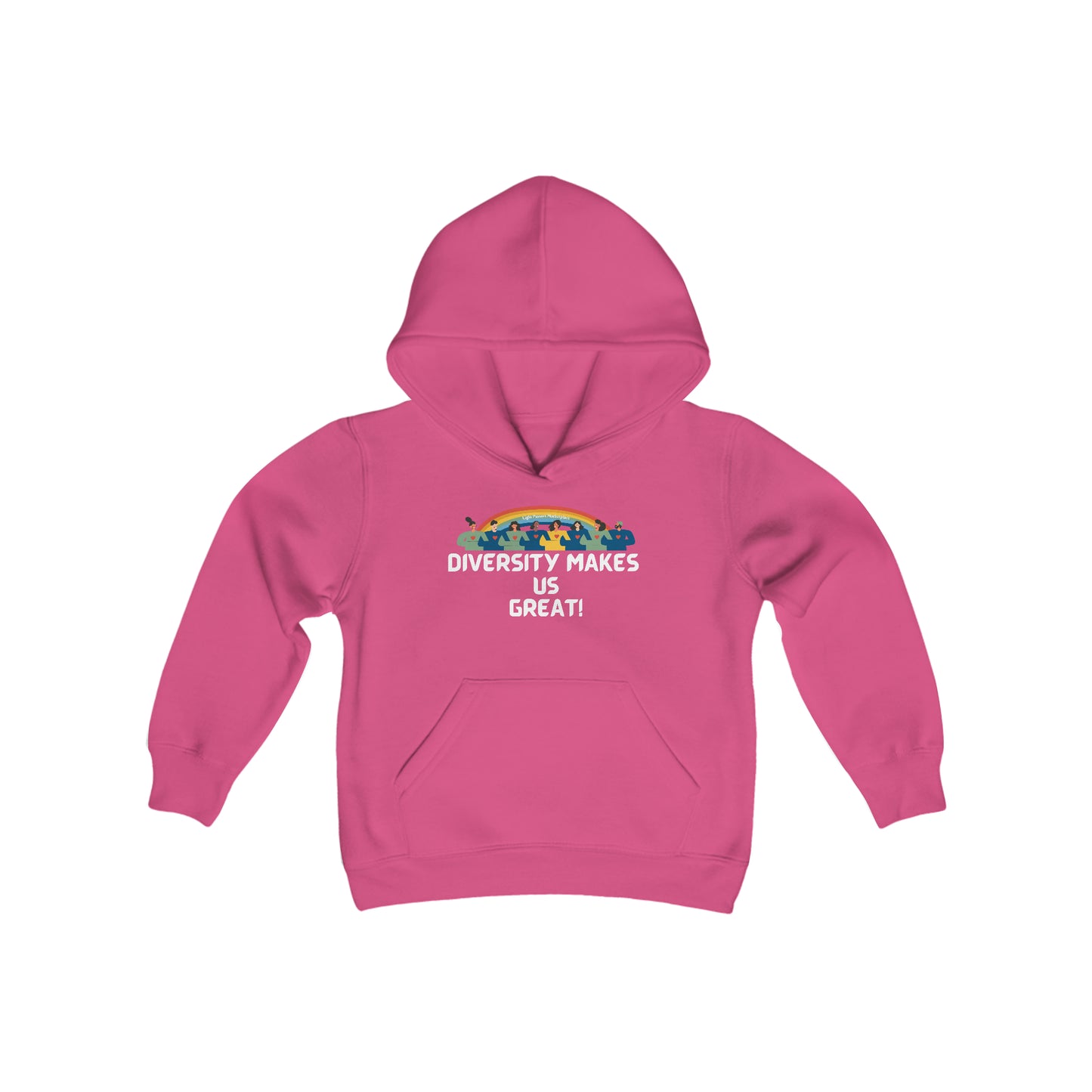 A pink youth hooded sweatshirt featuring a rainbow and people design. Made of soft, preshrunk fleece with a kangaroo pocket and twill taping. 50% cotton, 50% polyester blend for easy printing.