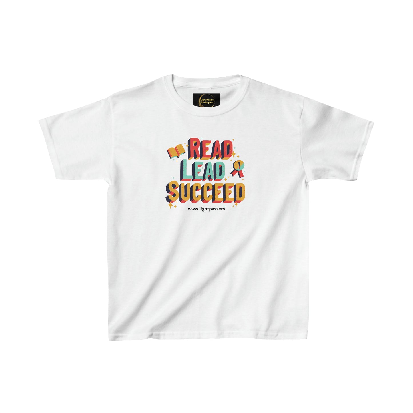 A youth t-shirt featuring Read Lead and Succeed text. Made of 100% cotton, ideal for printing. Twill tape shoulders, ribbed collar, no side seams. Classic fit, tear-away label.