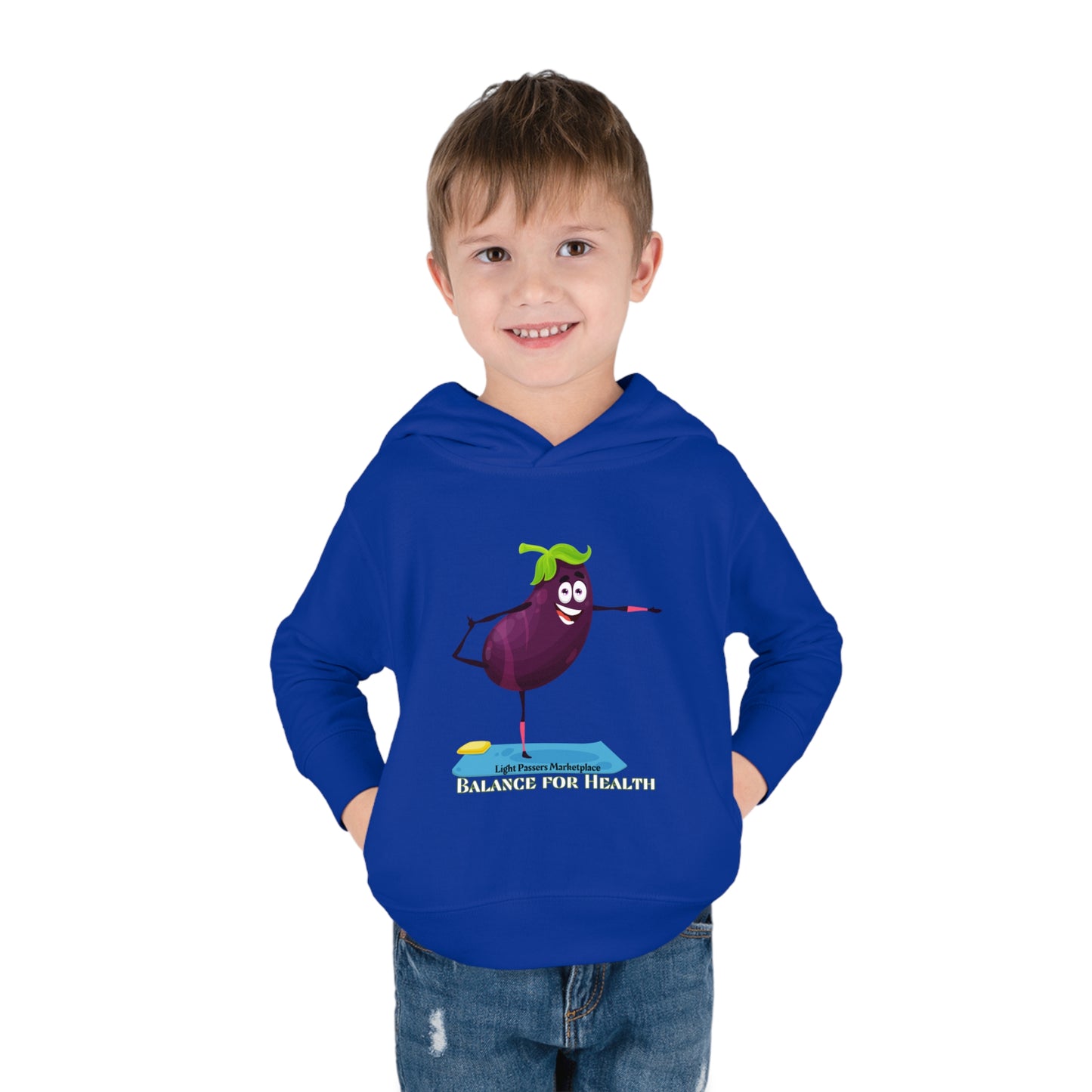 A toddler in a blue hoodie with a cartoon eggplant design, showcasing Rabbit Skins' durable construction with cover-stitched details, side seam pockets, and a cozy jersey-lined hood.