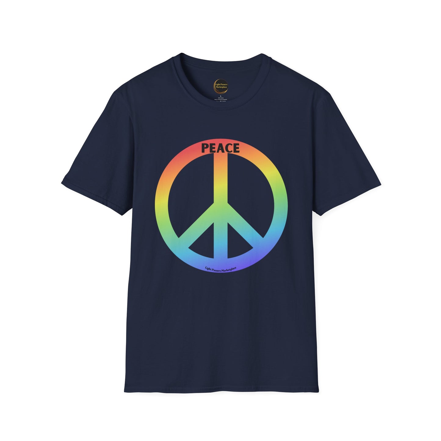A blue unisex t-shirt featuring a rainbow peace sign logo. Made of soft 100% cotton with twill tape shoulders and ribbed collar. Lightweight and versatile for year-round comfort.