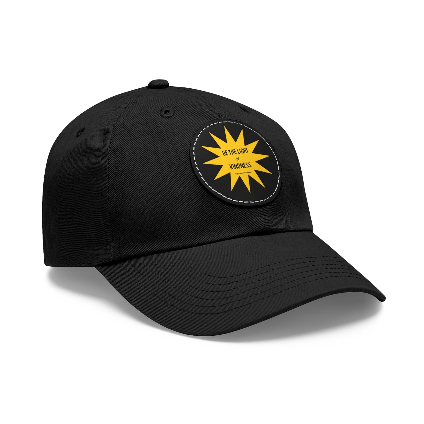 Unisex hat featuring a yellow sun patch with Be the Light of Kindness text, made of durable chino twill with a vintage buckle closure.