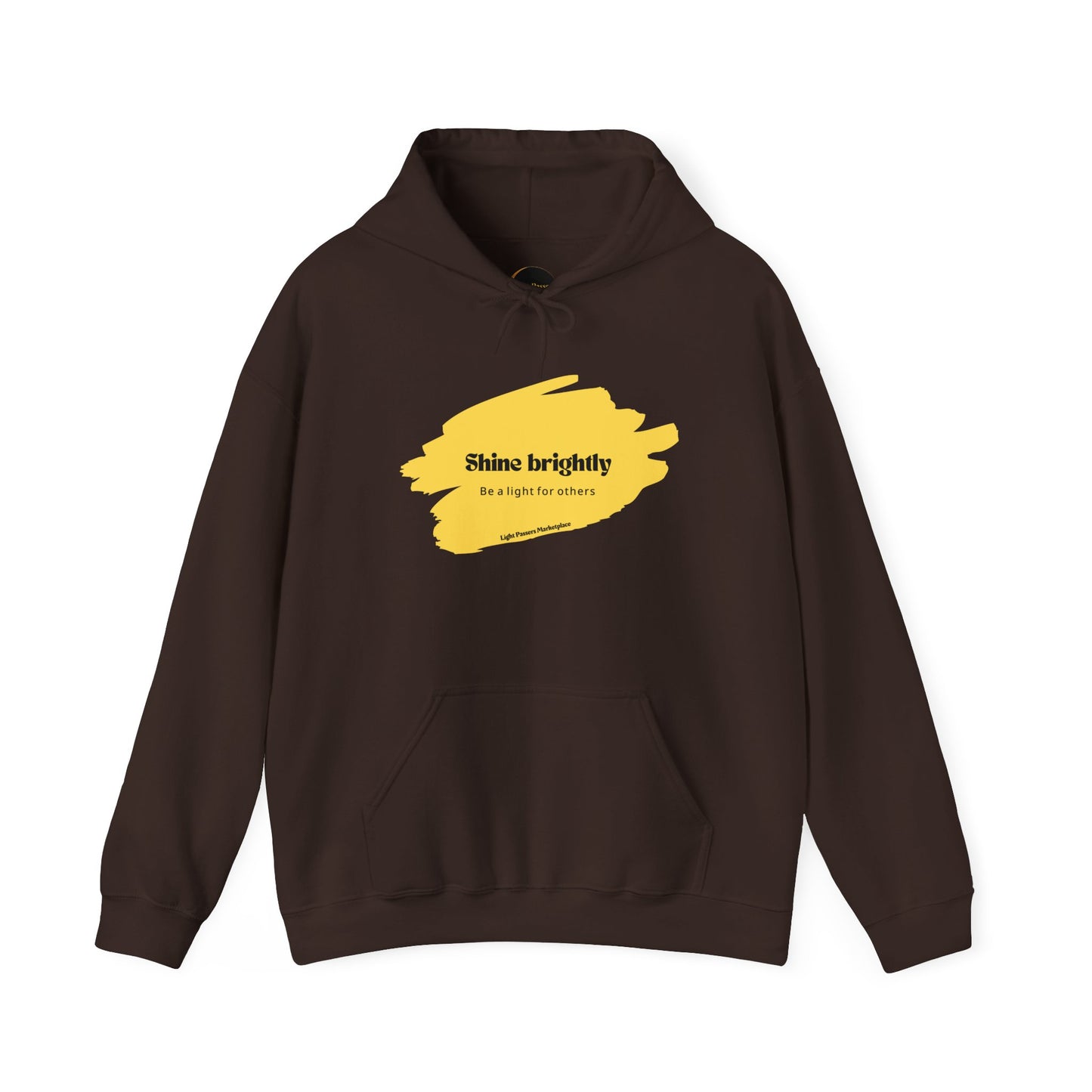 The Light Inspirational Hoodie - Shine Brightly Adult Unisex Heavy Blend™ Sweatshirt, featuring Shine brightly yellow text on brown fabric, cozy hood, and kangaroo pouch pocket.