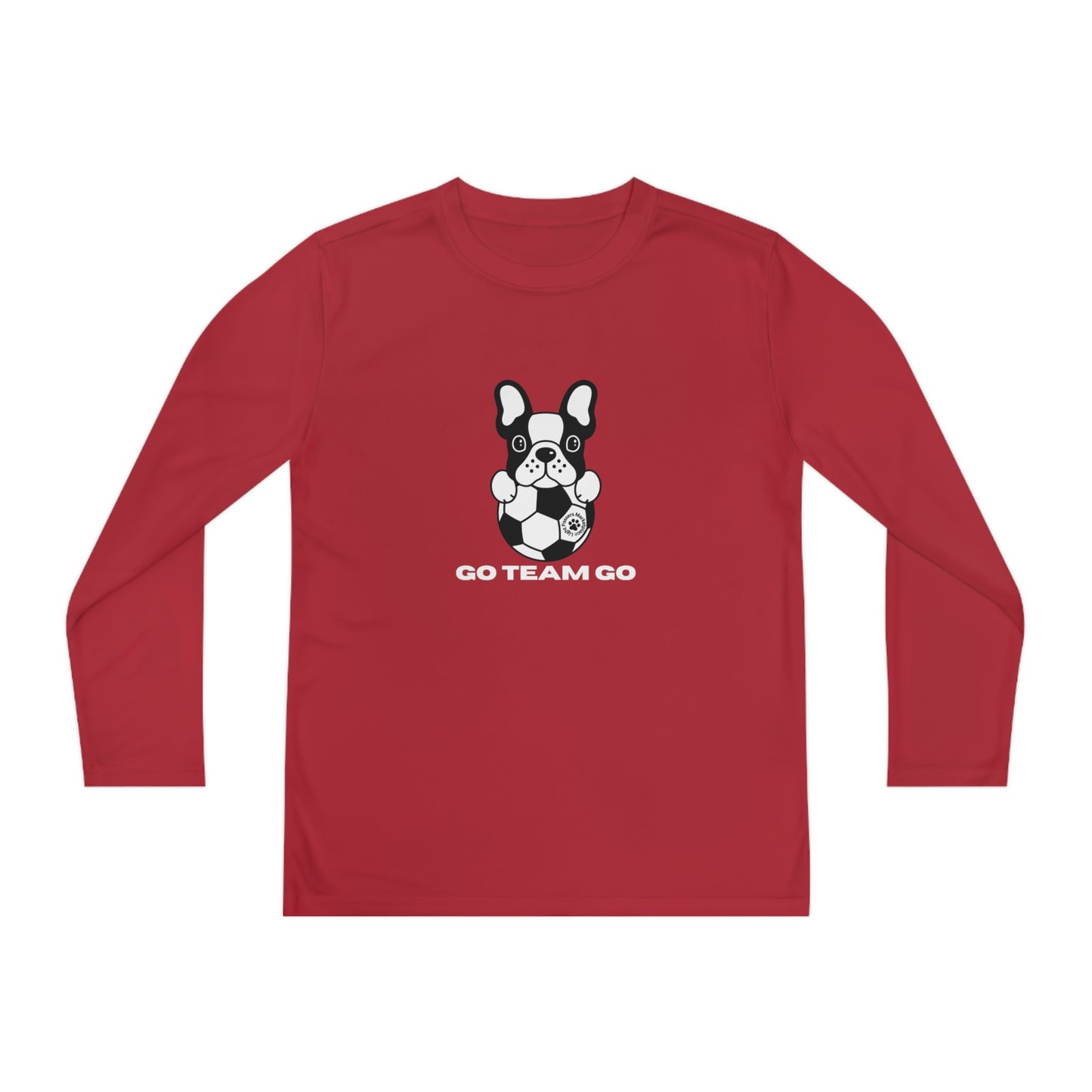 Youth Long Sleeve Soccer Dog Go Team Go featuring a black and white dog with a football on moisture-wicking polyester, perfect for young soccer fans.