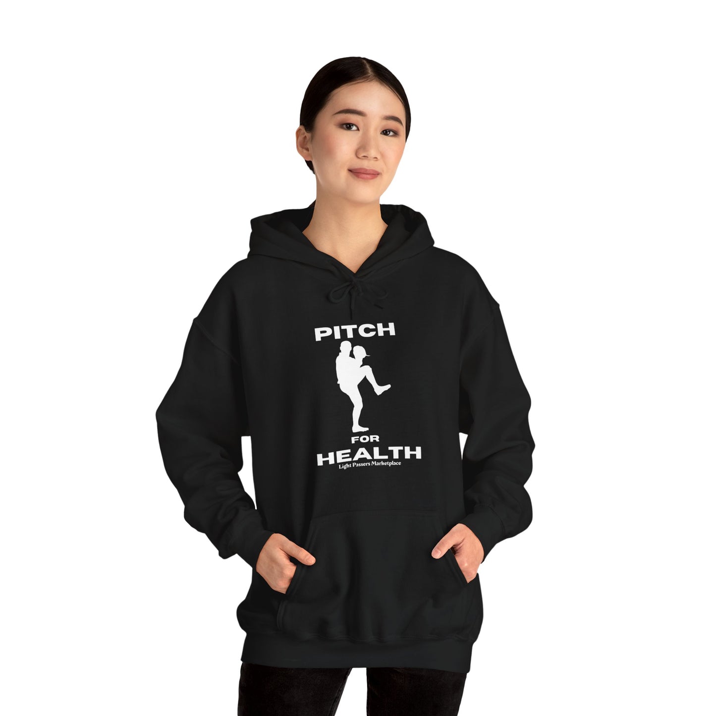 A unisex heavy blend hooded sweatshirt featuring a baseball player design. Made of 50% cotton and 50% polyester, with a kangaroo pocket and color-matched drawstring. Comfortable, warm, and ethically produced by Gildan.