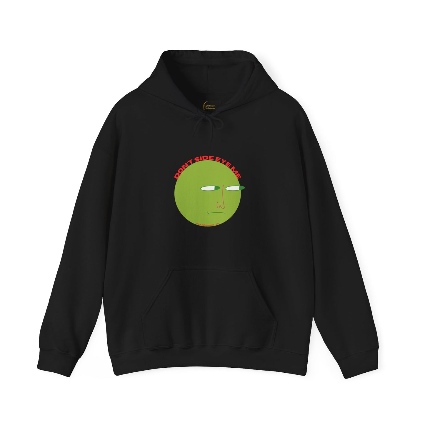 A black hooded sweatshirt featuring a green face design, with a kangaroo pocket and color-matched drawcord. Made of 50% cotton and 50% polyester for cozy warmth.