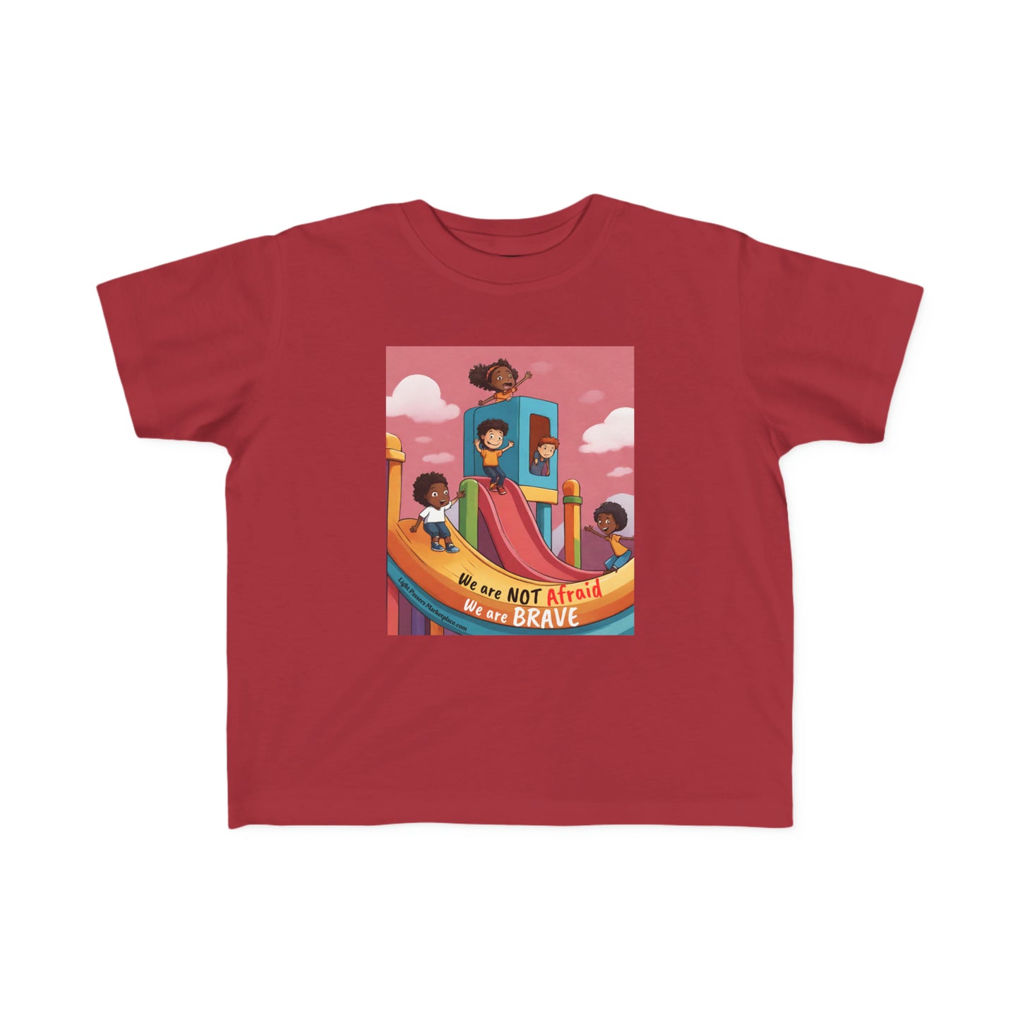 A red toddler tee featuring cartoon characters, ideal for sensitive skin. Made of 100% combed cotton, light fabric, and a durable print. We are Brave Toddler T-shirt.